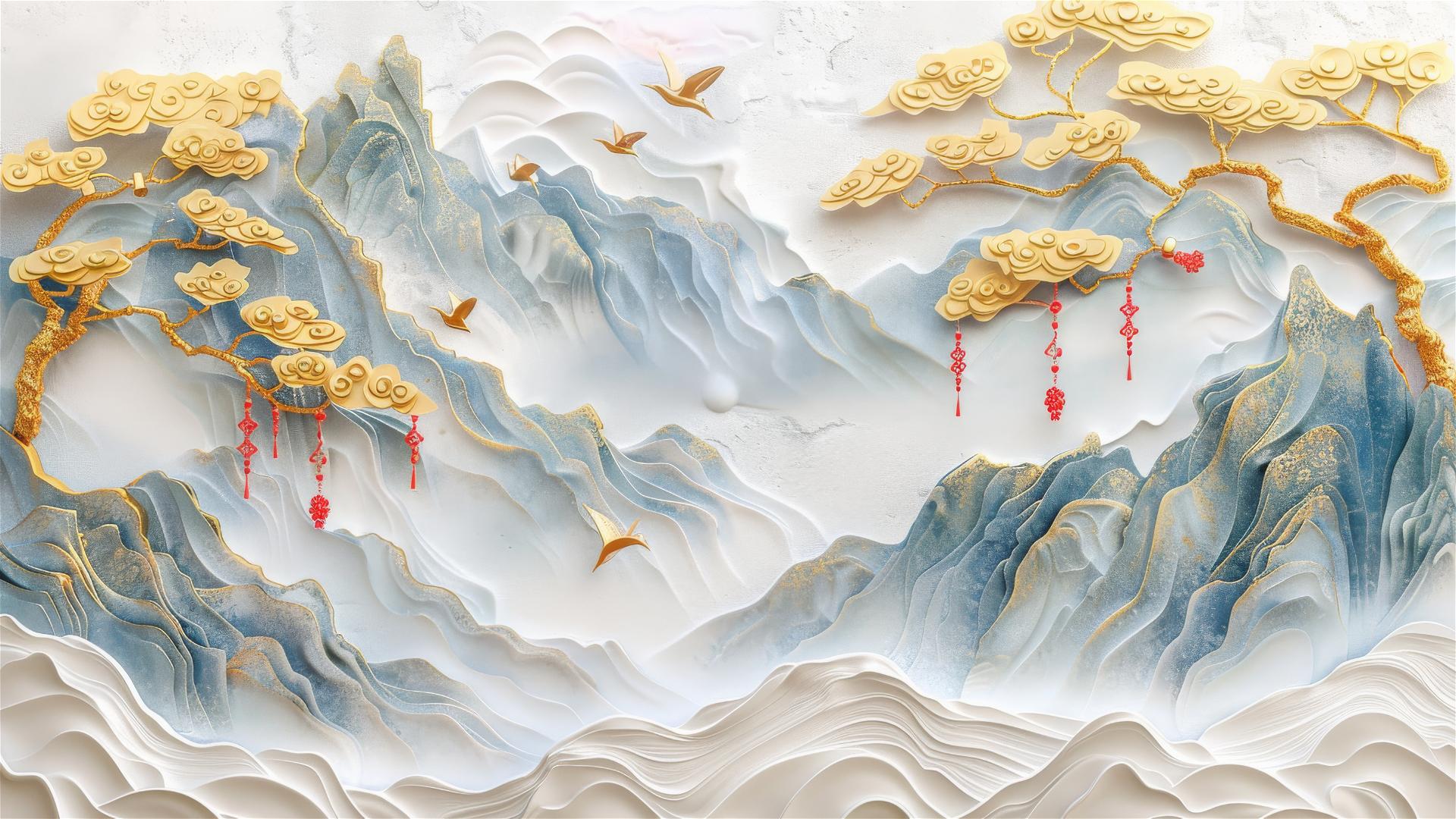 3D Asian painting of golden mountains and birds in trees, paper carving style