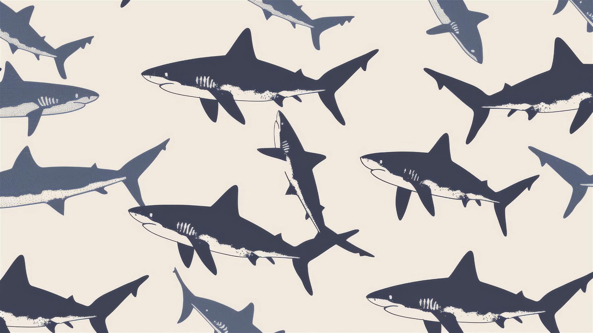 Hand-drawn sharks swimming in a seamless pattern