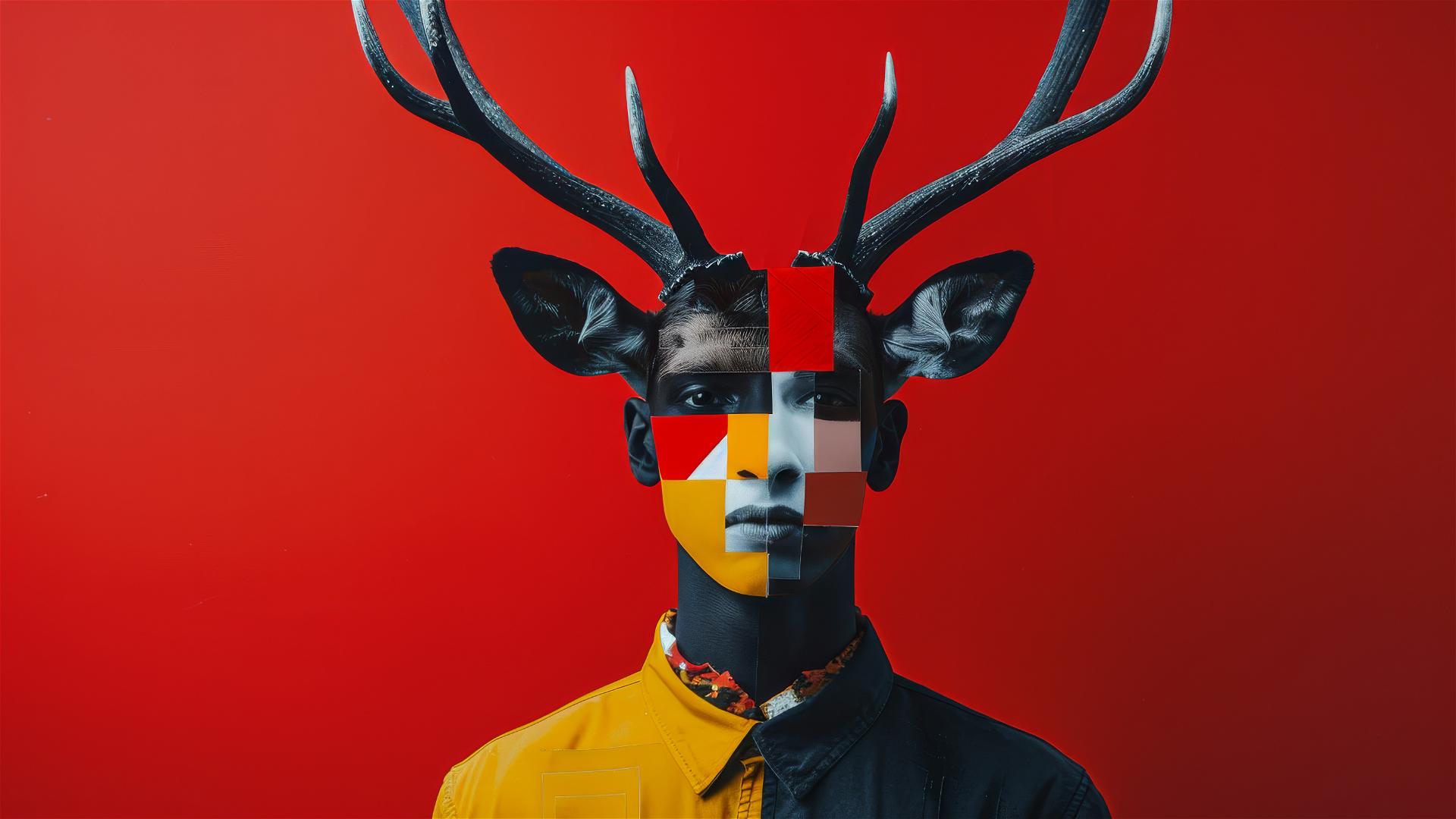 Portrait of a man with a deer's head, minimalism, pop art collage