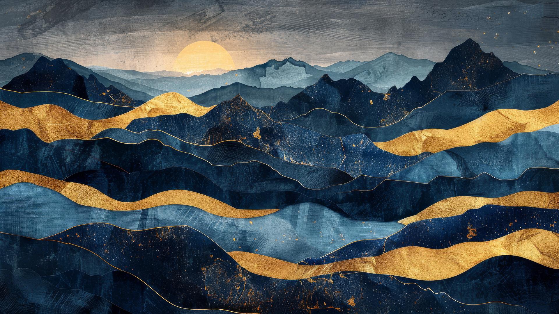 Gold, black, blue mountains with golden waterfalls and gilded effects