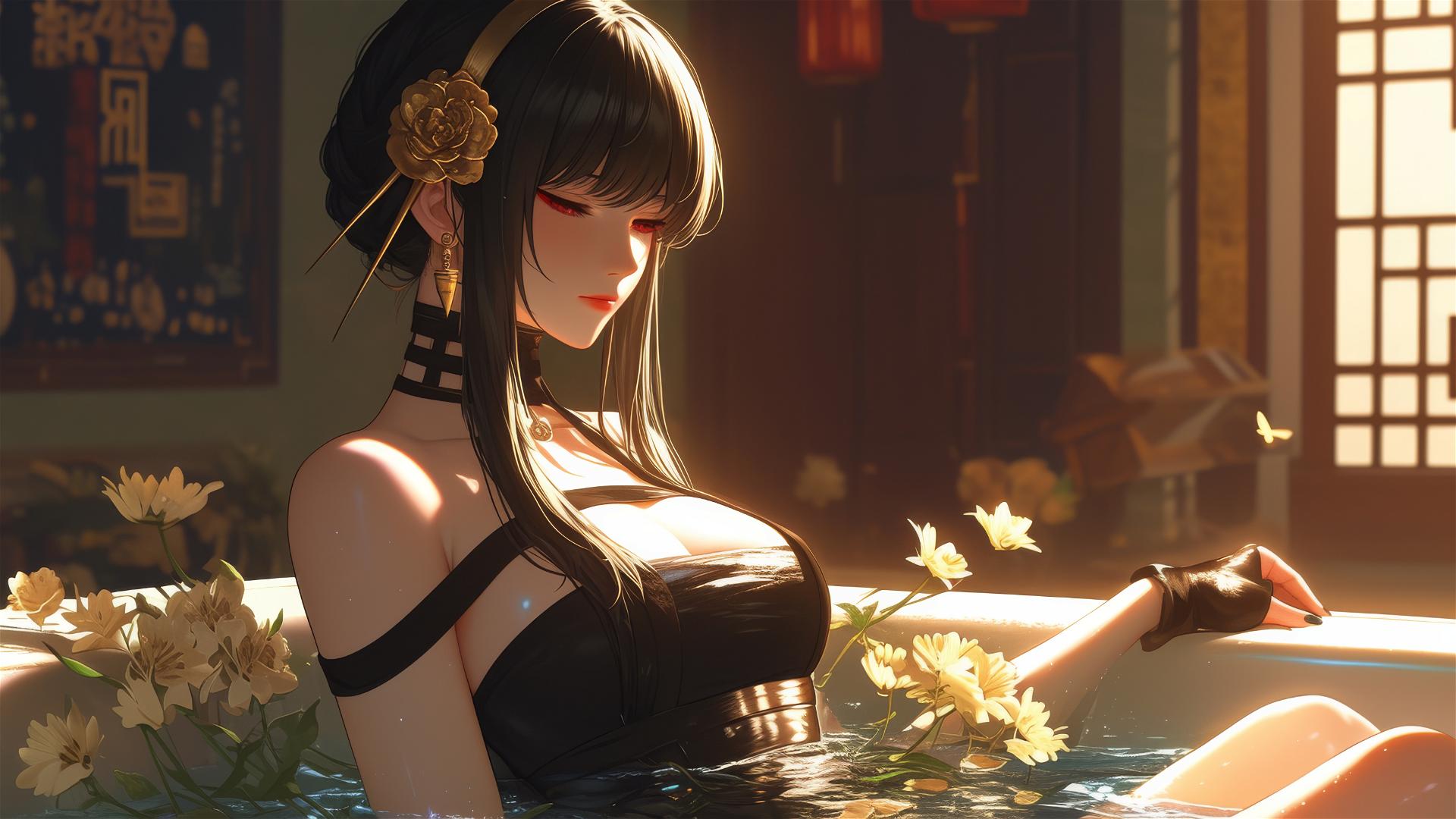 Yor Forger from Spy x Family in tub of flowers at Chinese spa.