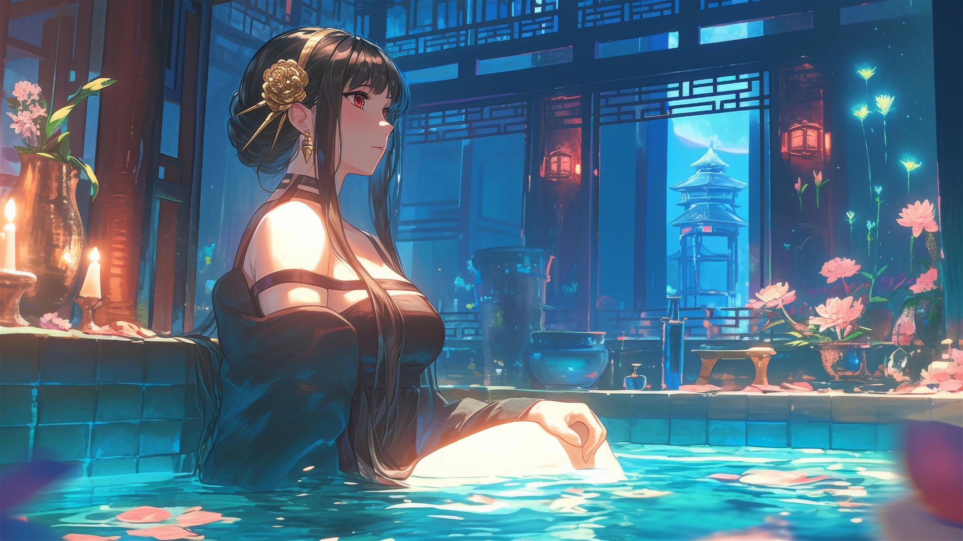 Yor Forger from Spy x Family in a flower-filled tub at a Chinese spa