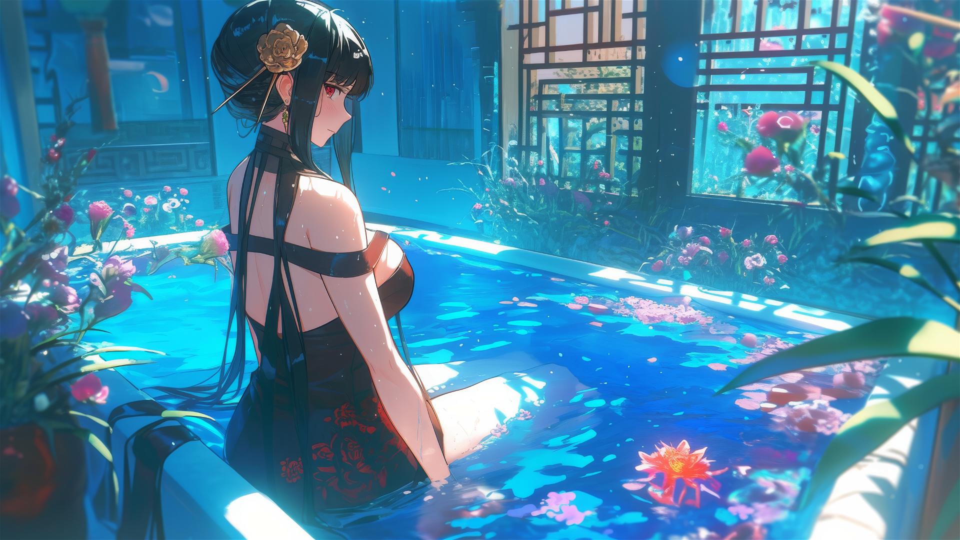 Yor Forger from Spy x Family in a tub full of flowers inside a Chinese spa