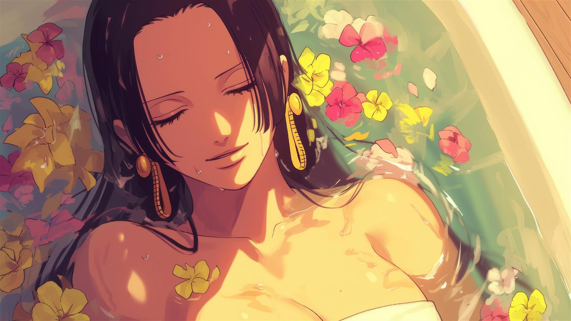 Boa Hancock in tub full of flowers inside Chinese spa