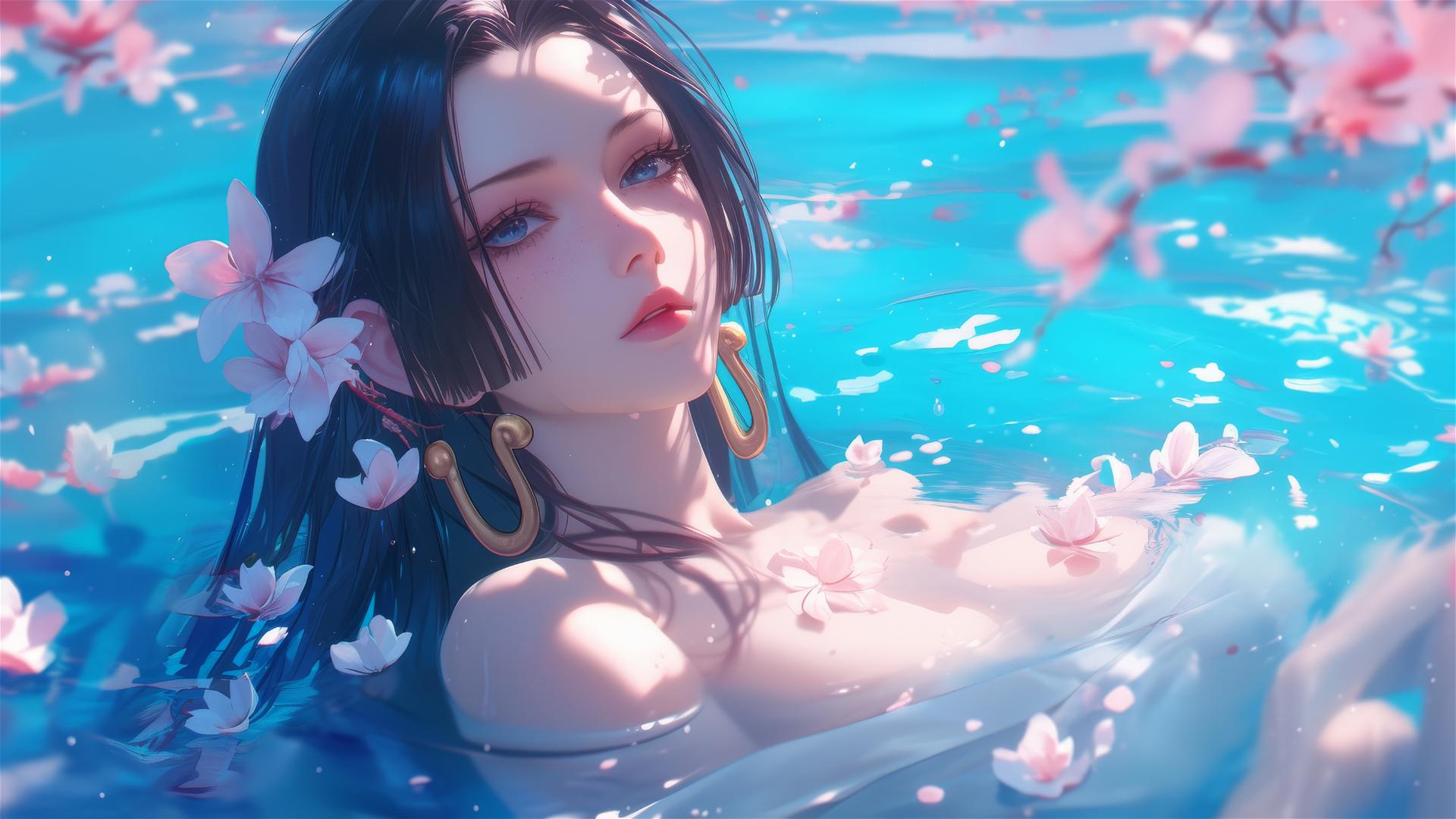 Boa Hancock from One Piece in a flower-filled tub at a Chinese spa.