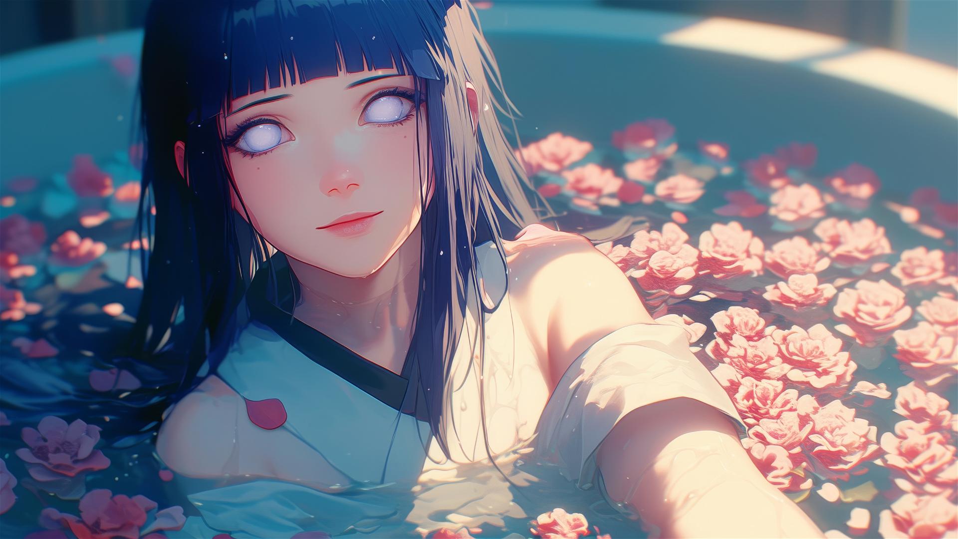 Hinata Hyuga in a flower-filled tub at a Chinese spa