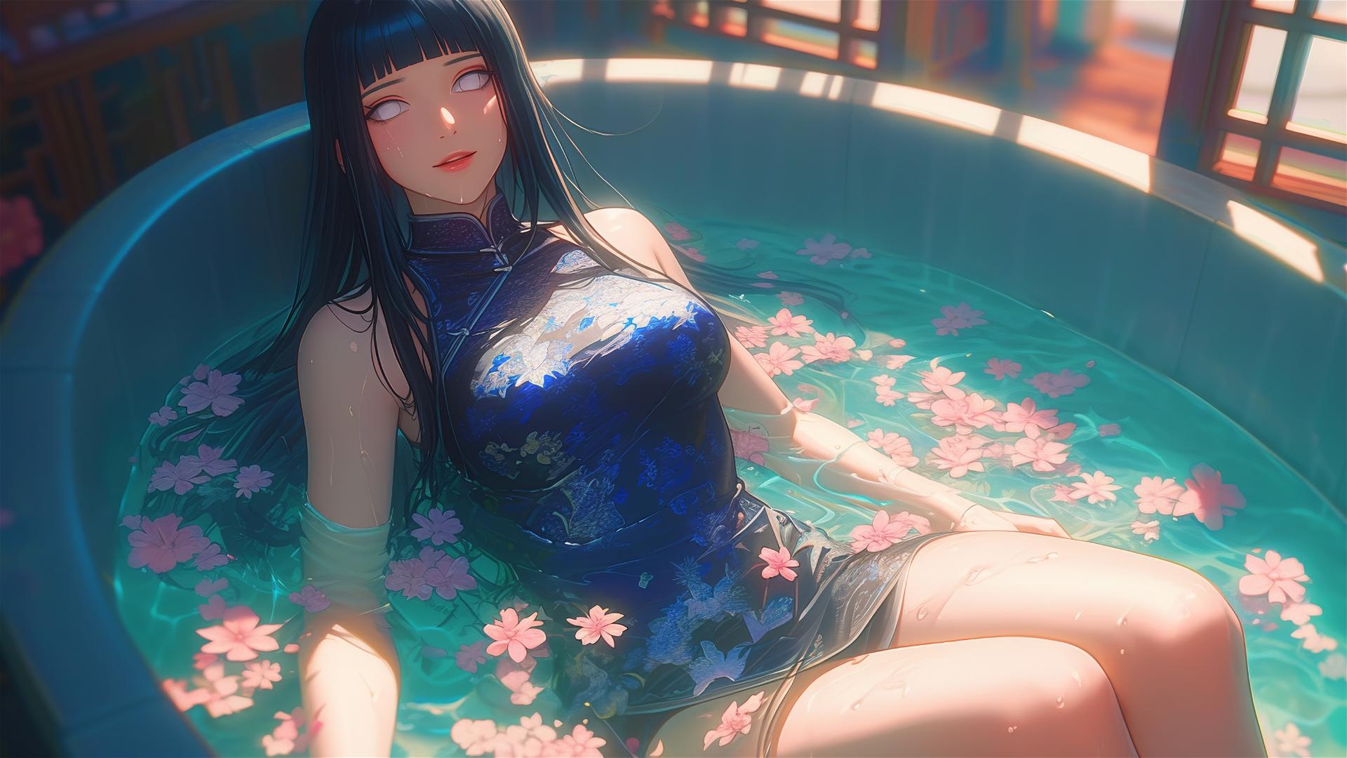 Hinata Hyuga in a tub filled with flowers in a Chinese spa with white eyes