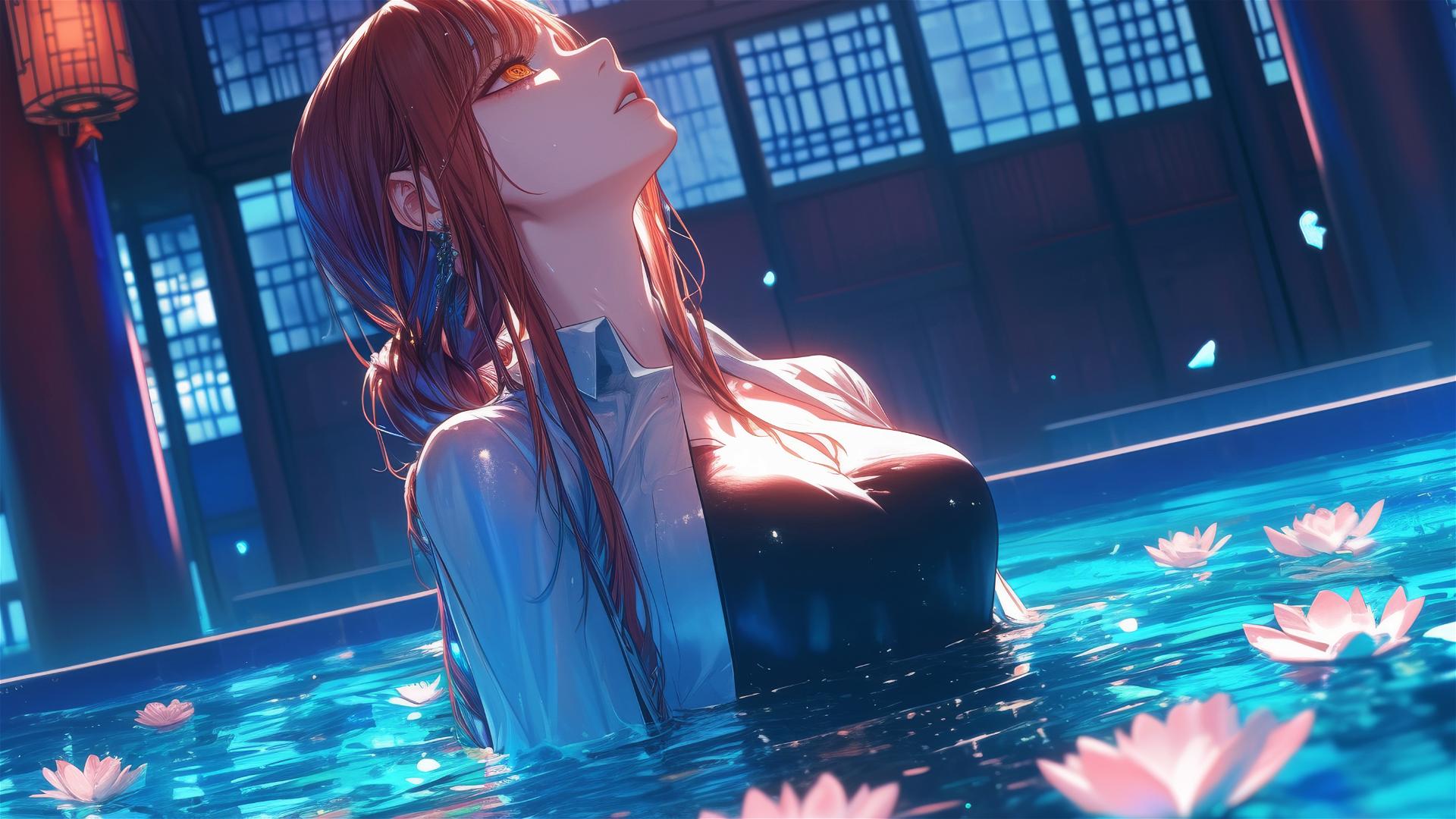 Makima from Chainsaw Man in flower-filled tub at Chinese spa