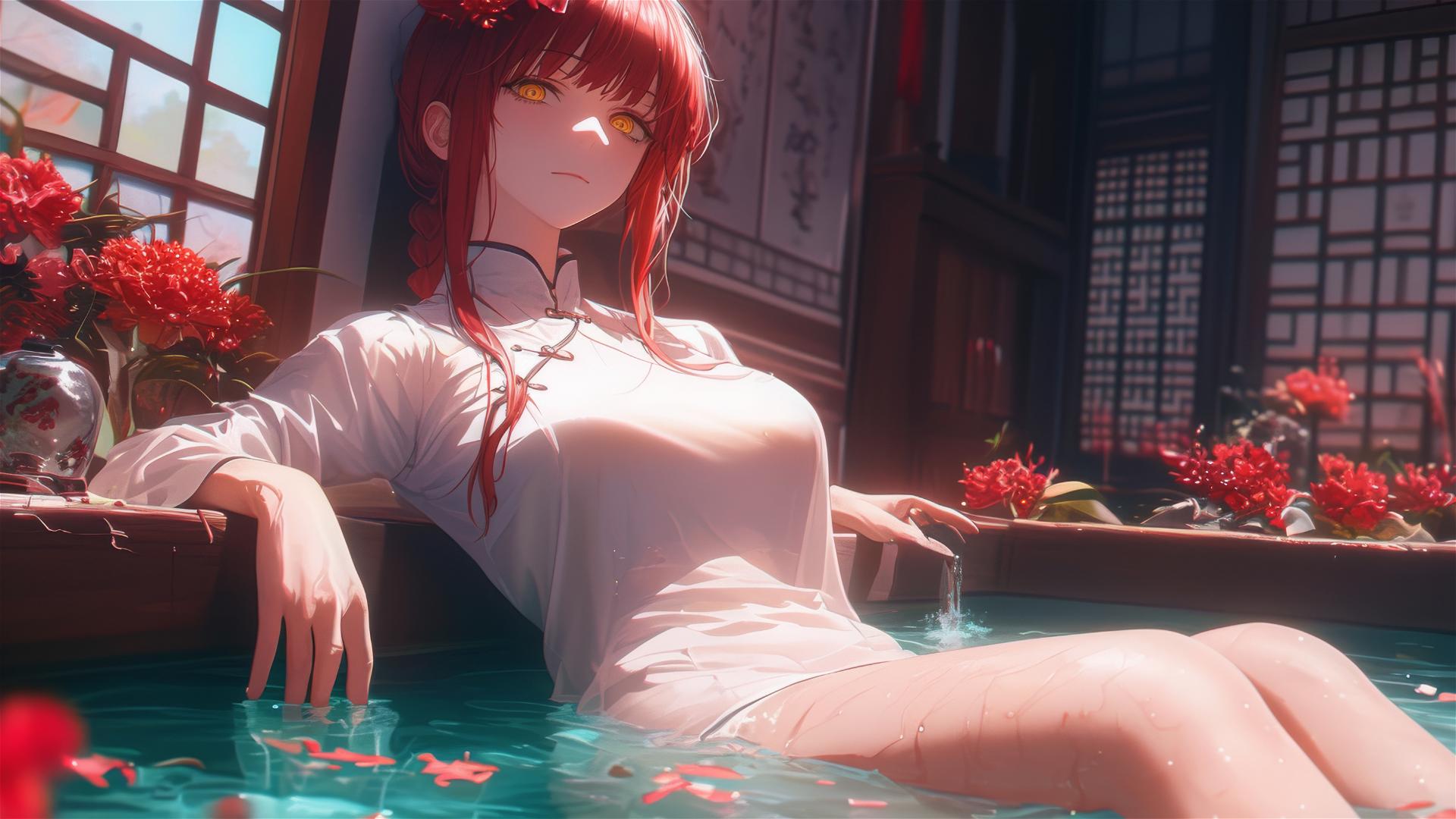 Makima from Chainsaw Man in a flower-filled tub at a Chinese spa
