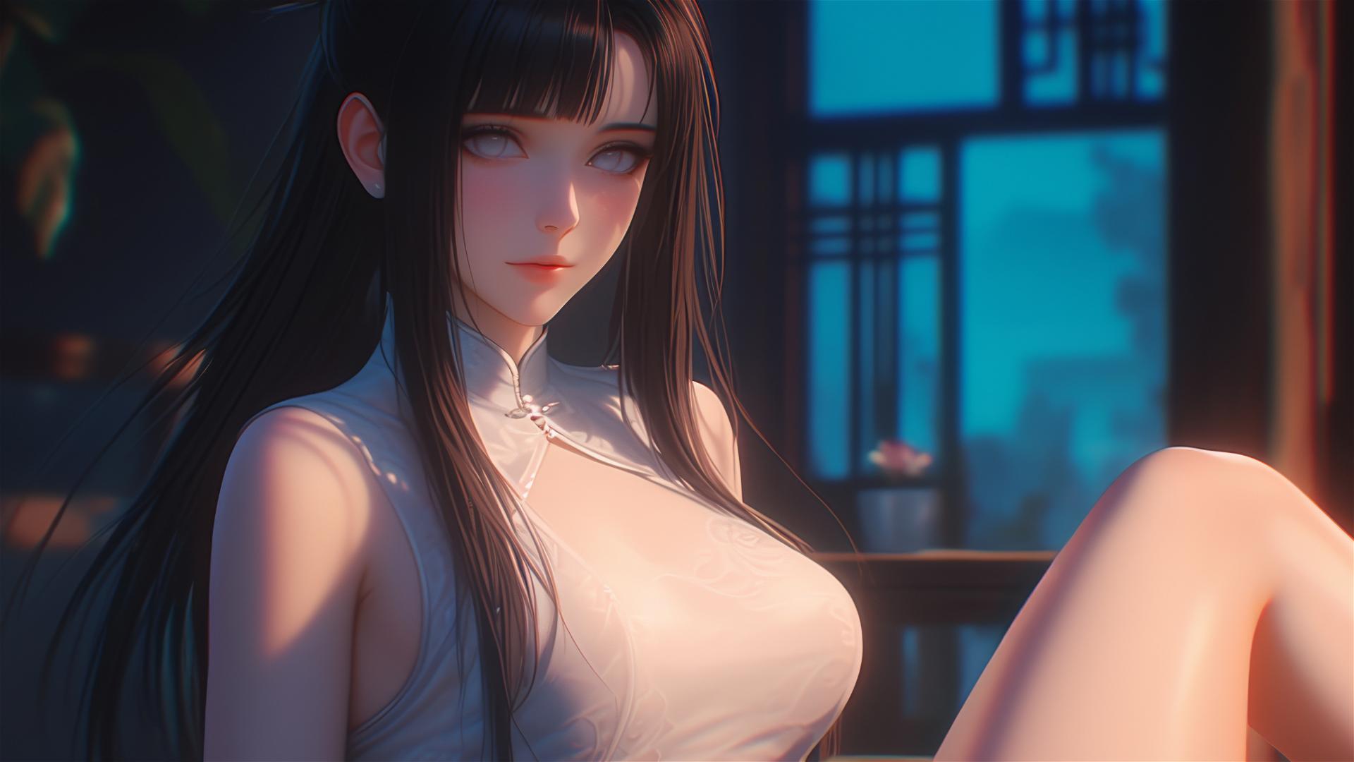 Hinata Hyuga sitting in modern apartment with warm light glow