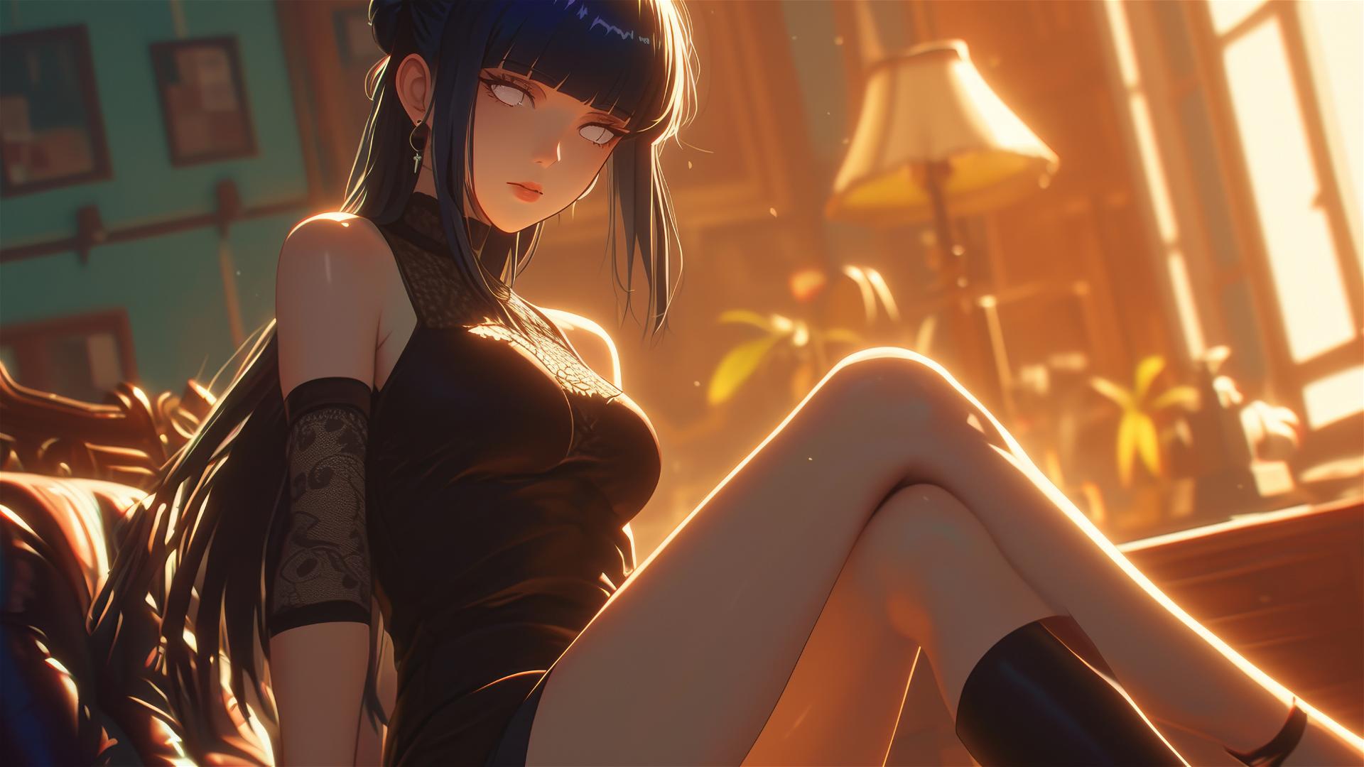Hinata Hyuga from Naruto sitting in a modern hotel with warm light.