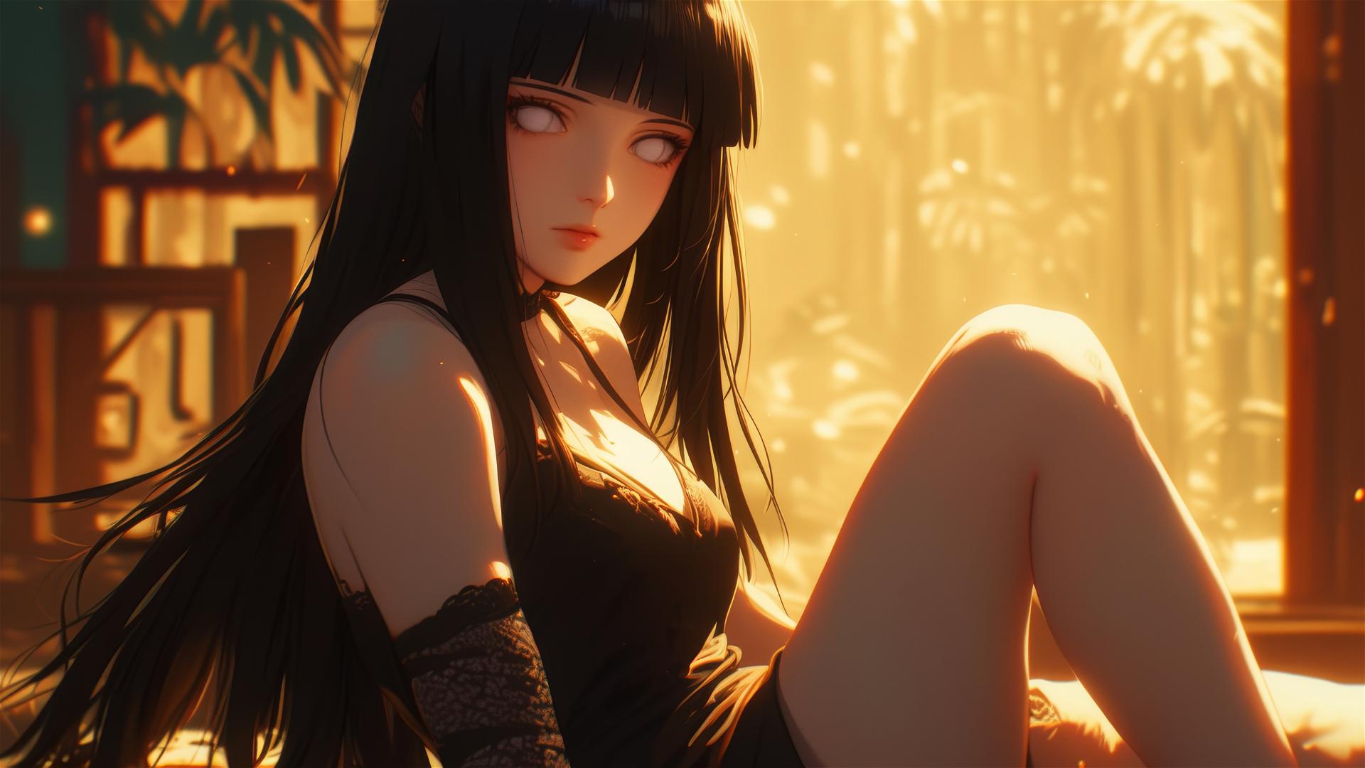 Hinata Hyuga sitting in a modern hotel with warm light on her.