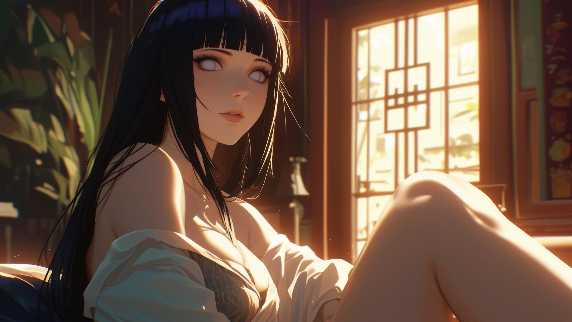 Hinata Hyuga sitting in a modern hotel with warm light and white eyes.