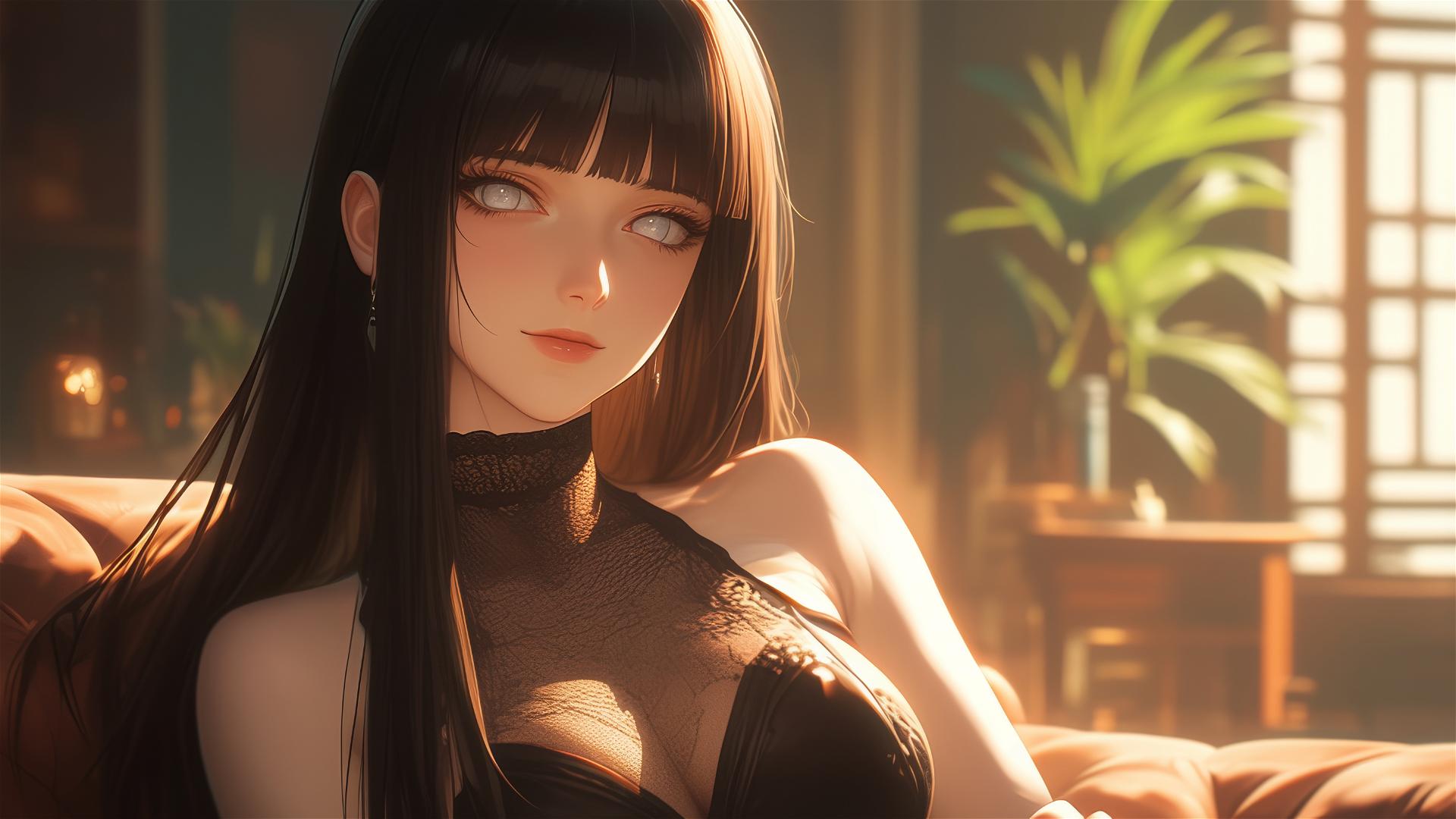 Hinata Hyuga from Naruto sitting in a hotel with warm light