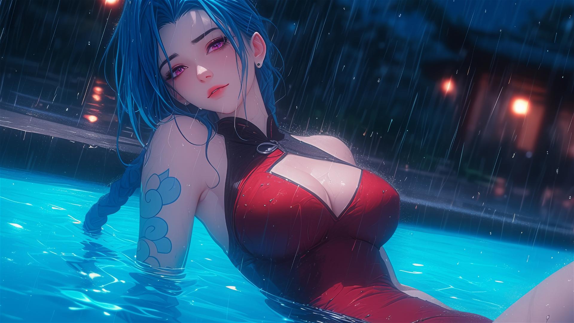 Jinx from League of Legends resting by a rainy swimming pool under moonlight.