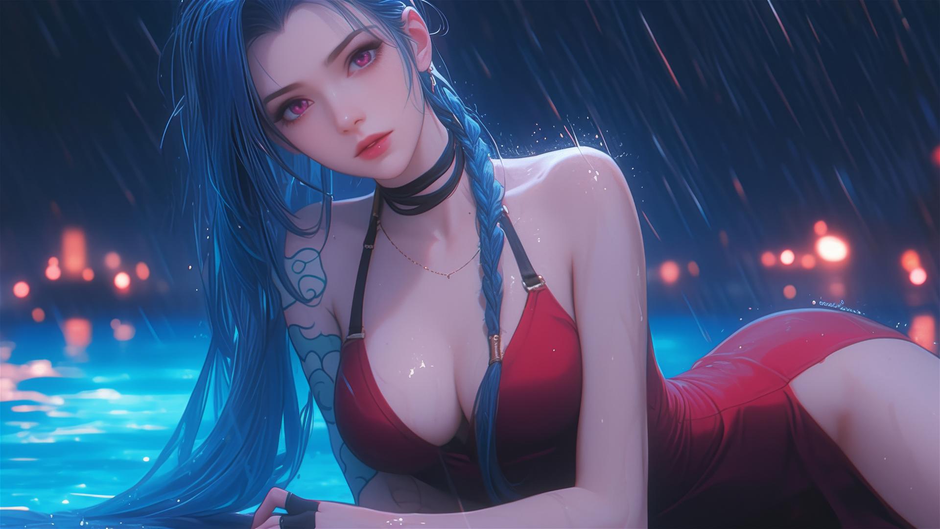 Jinx from League of Legends resting at a rainy pool in moonlight