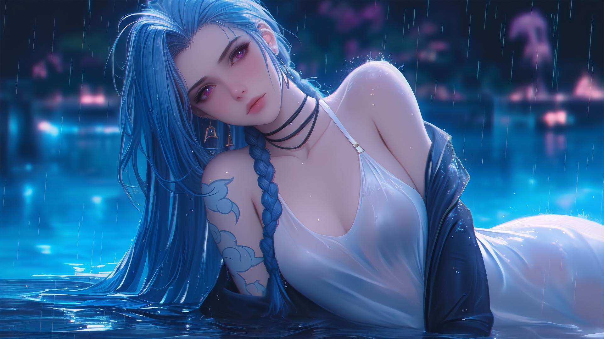 Jinx from League of Legends resting by a rainy pool, moonlight glow, pink eyes, white dress, blue hair