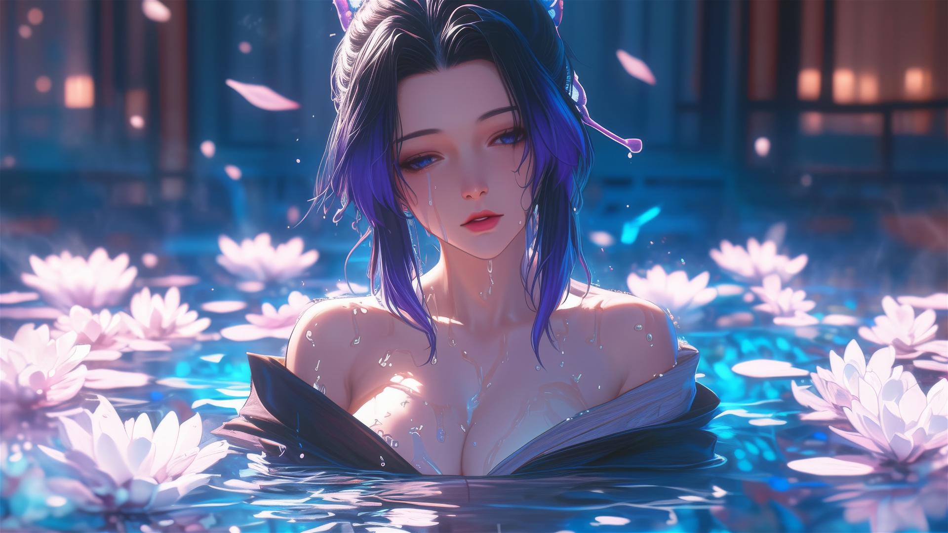Shinobu Kocho in a flower-filled tub at a Chinese spa, beautiful.