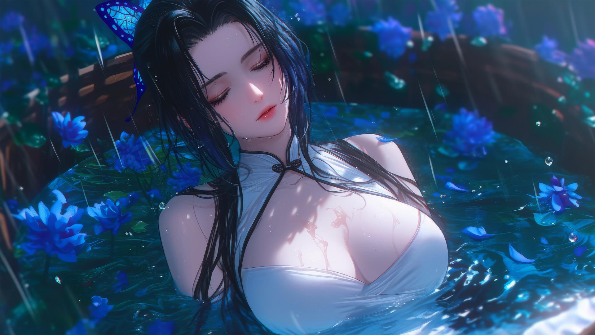 Shinobu Kocho in cheongsam inside tub full of flowers at Chinese spa
