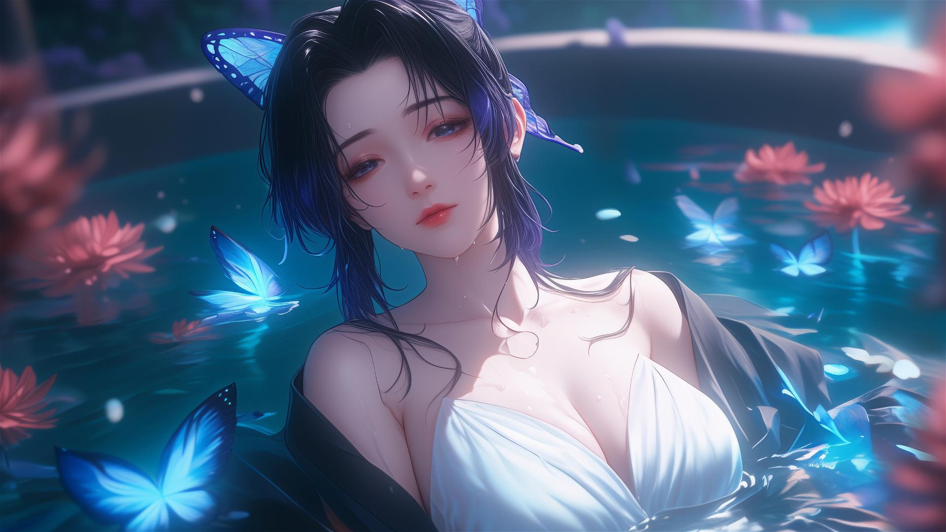 Shinobu Kocho from Demon Slayer in a white dress, in a flower-filled tub at a Chinese spa