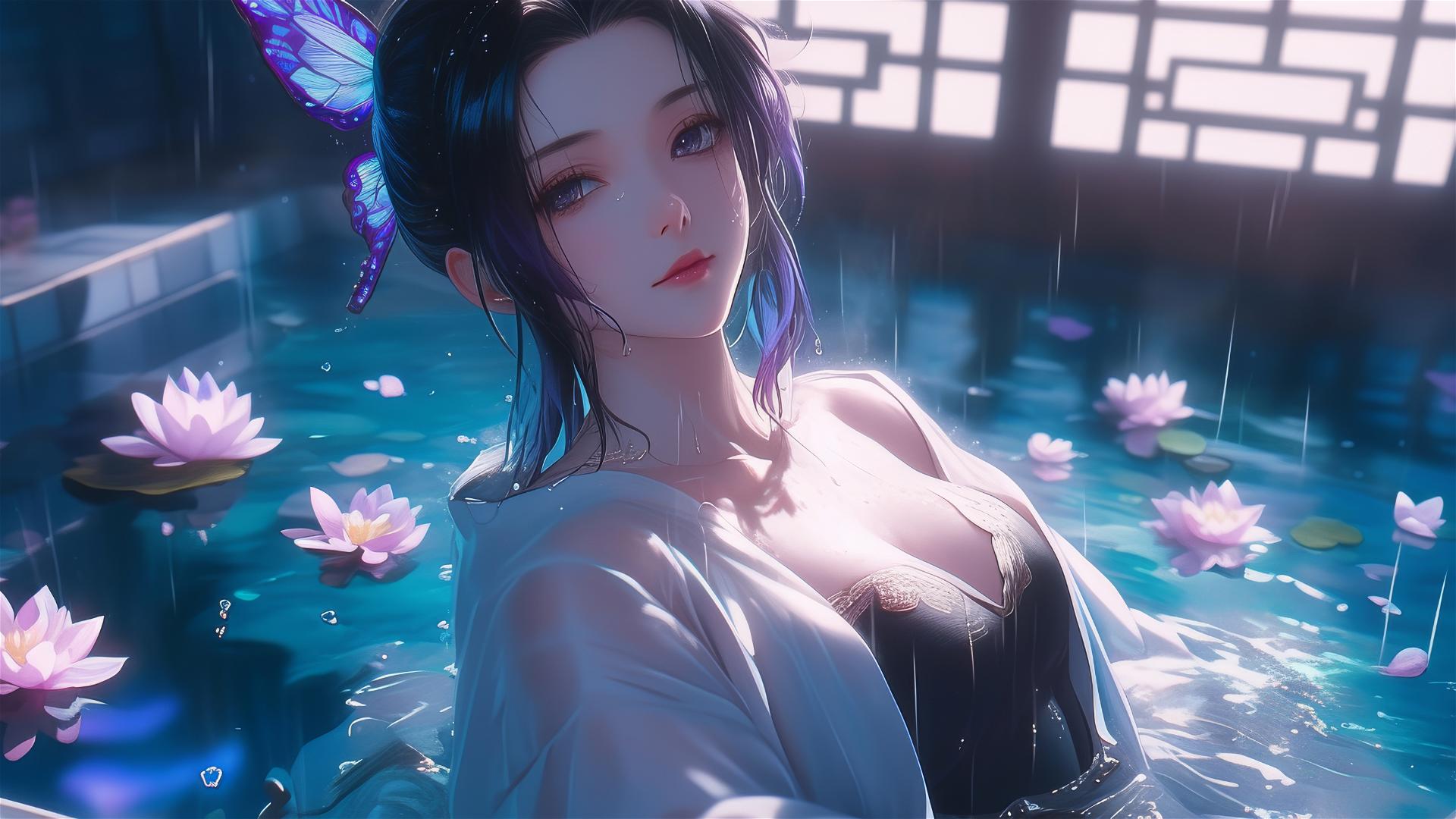 Shinobu Kocho from Demon Slayer in a flower-filled tub in a Chinese spa
