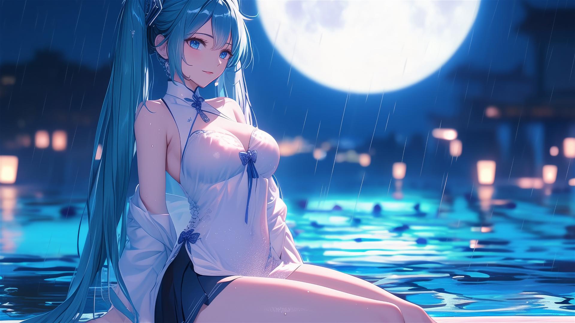 Hatsune Miku relaxing at a rainy swimming pool with moonlight glow