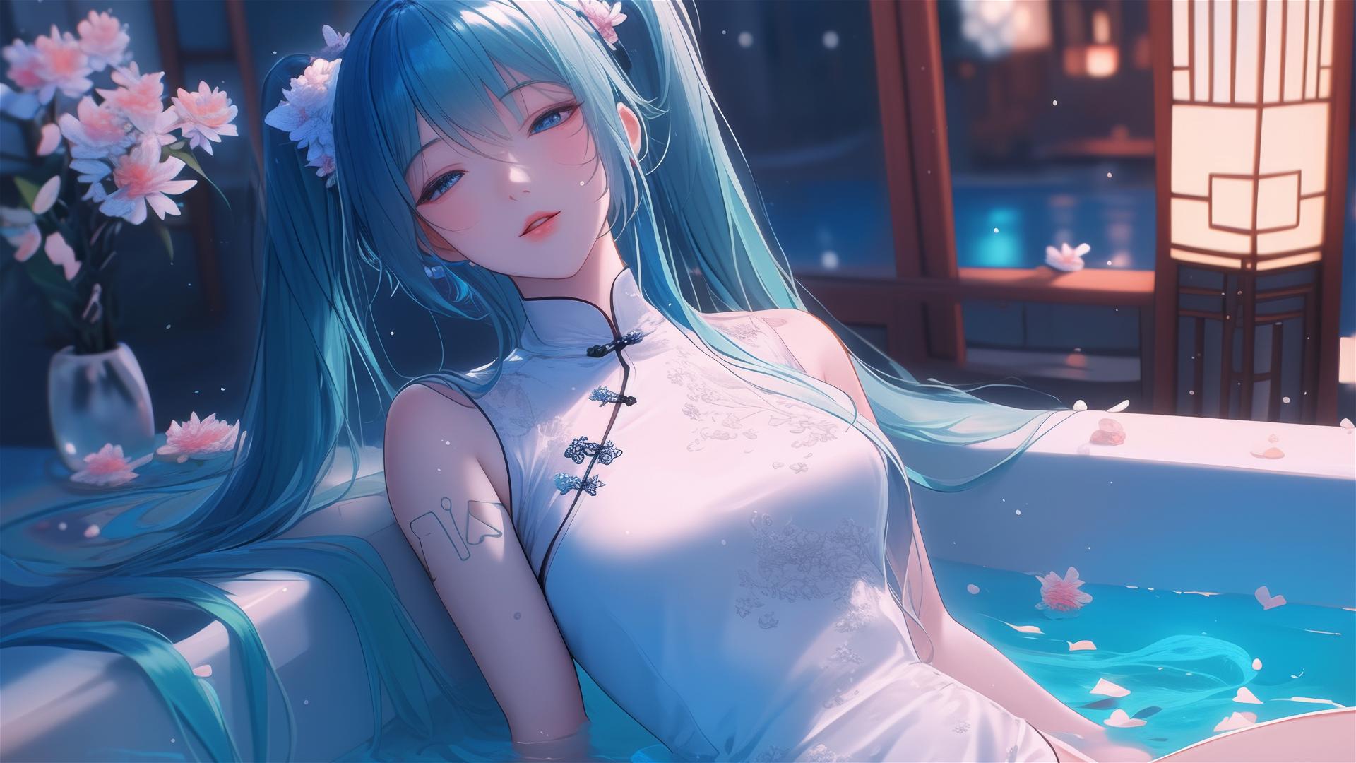 Hatsune Miku in a flower-filled tub in a Chinese spa