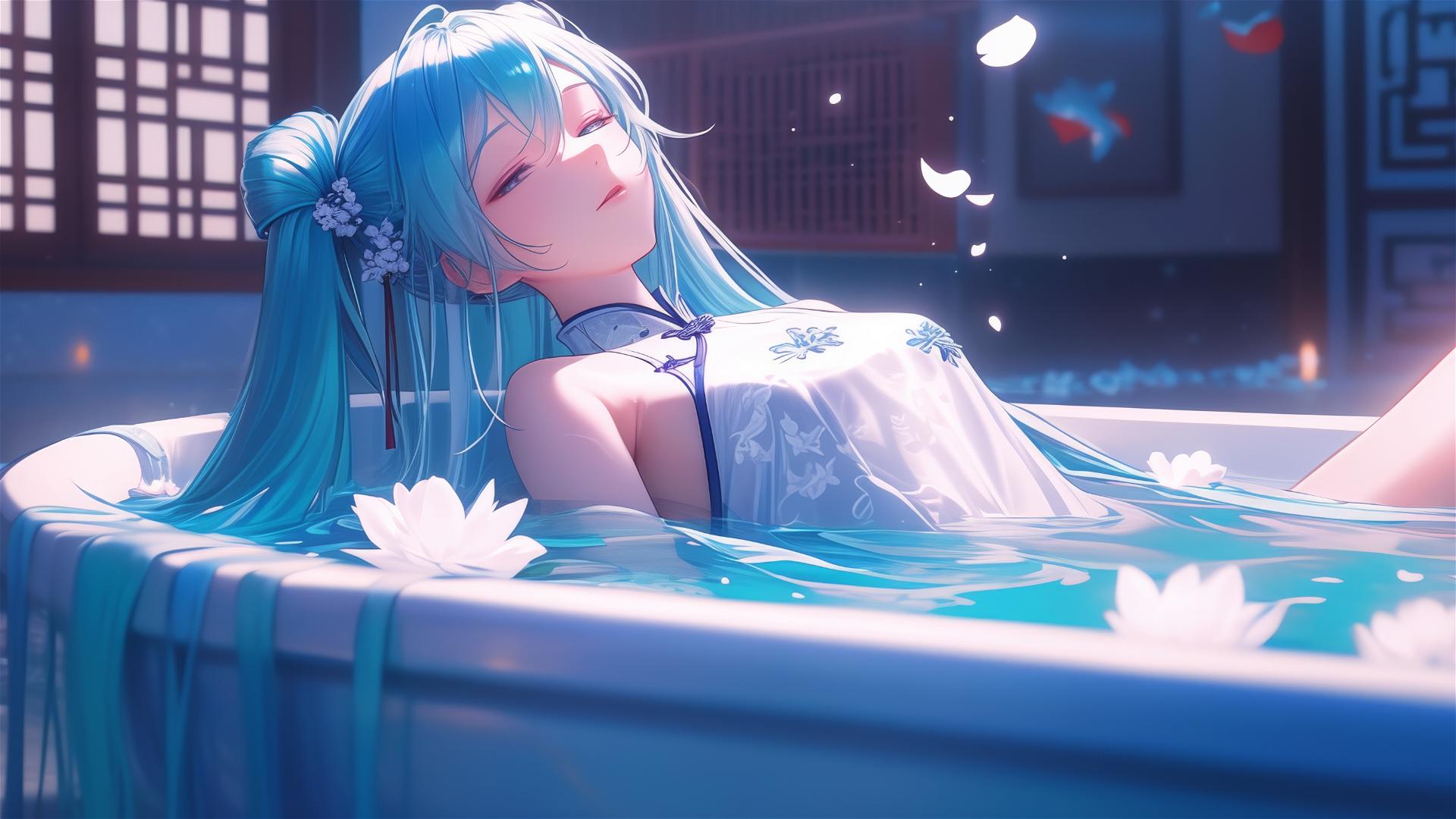 Hatsune Miku in a flower-filled tub at a Chinese spa