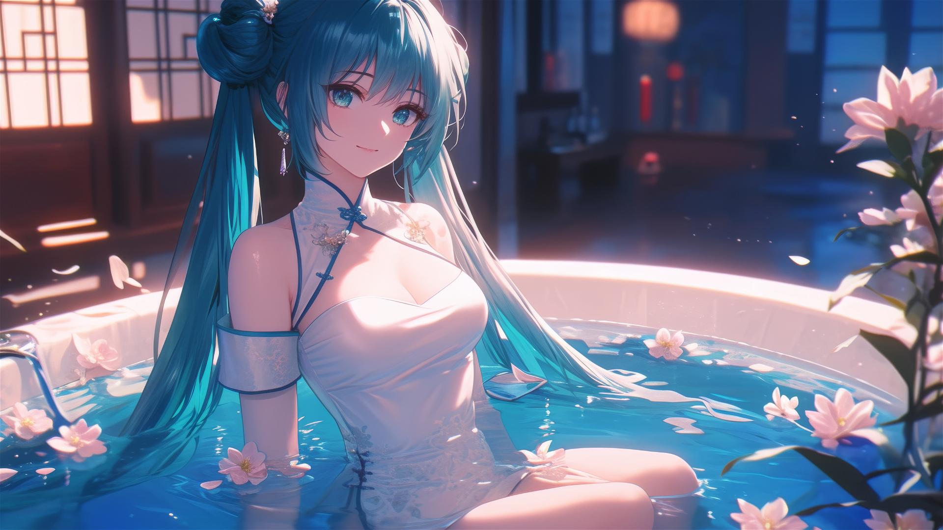 Hatsune Miku in a flower-filled tub at a Chinese spa