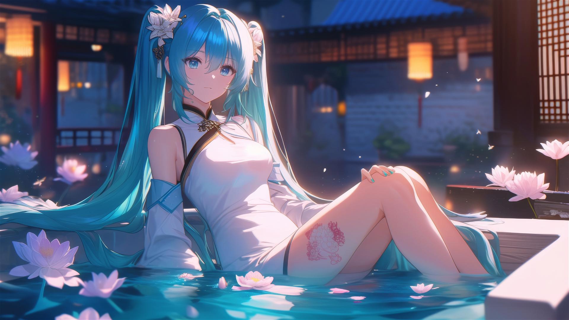 Hatsune Miku in a flower-filled tub at a Chinese spa