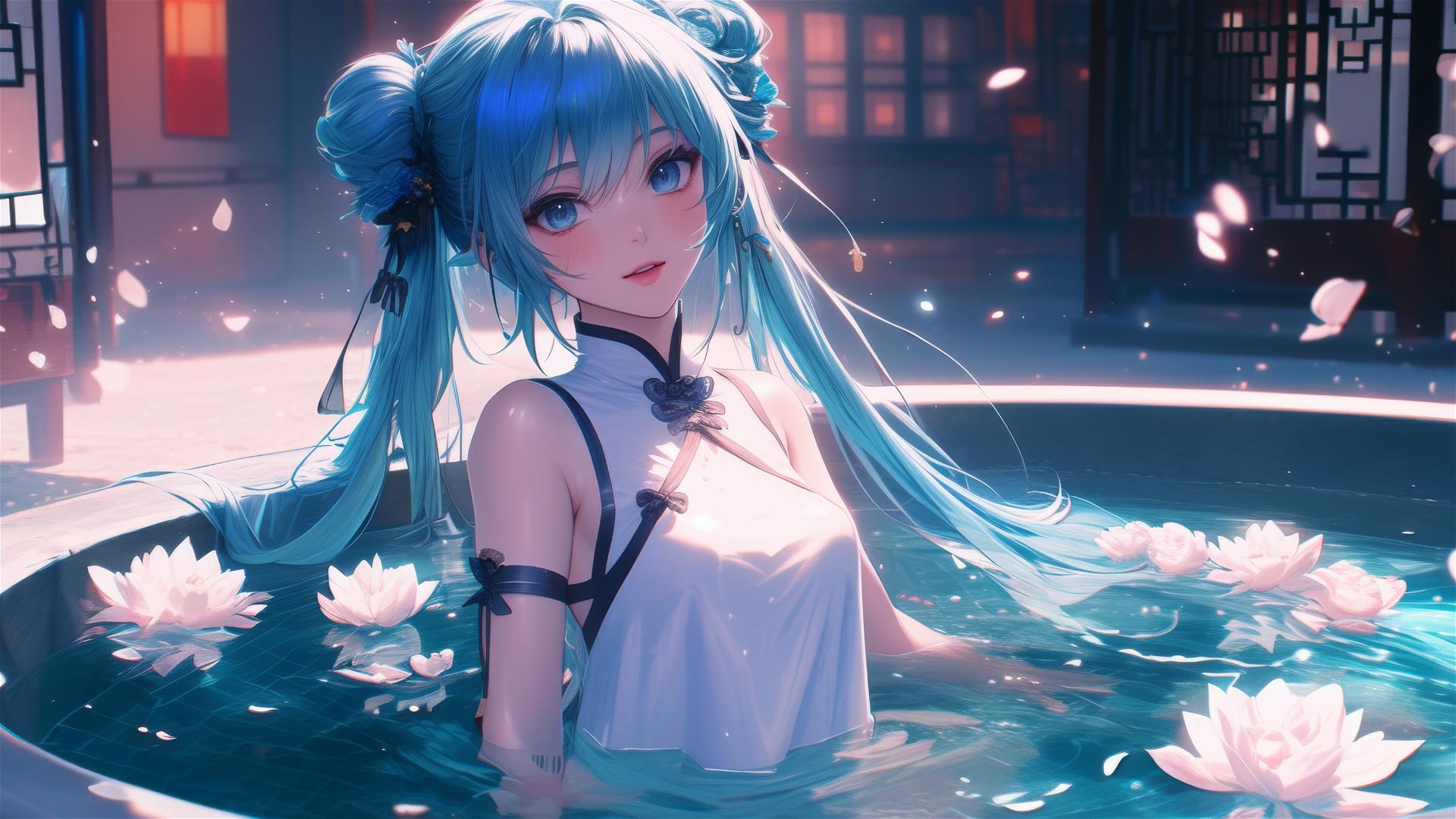 Hatsune Miku in a flower-filled tub at a Chinese spa.
