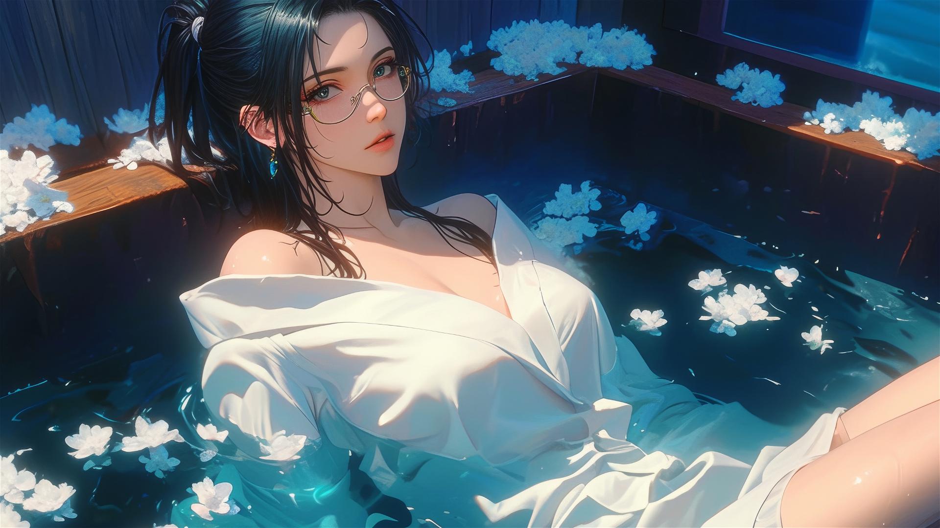 Maki Zenin from Jujutsu Kaisen in white pajamas inside a tub full of flowers, wearing glasses.