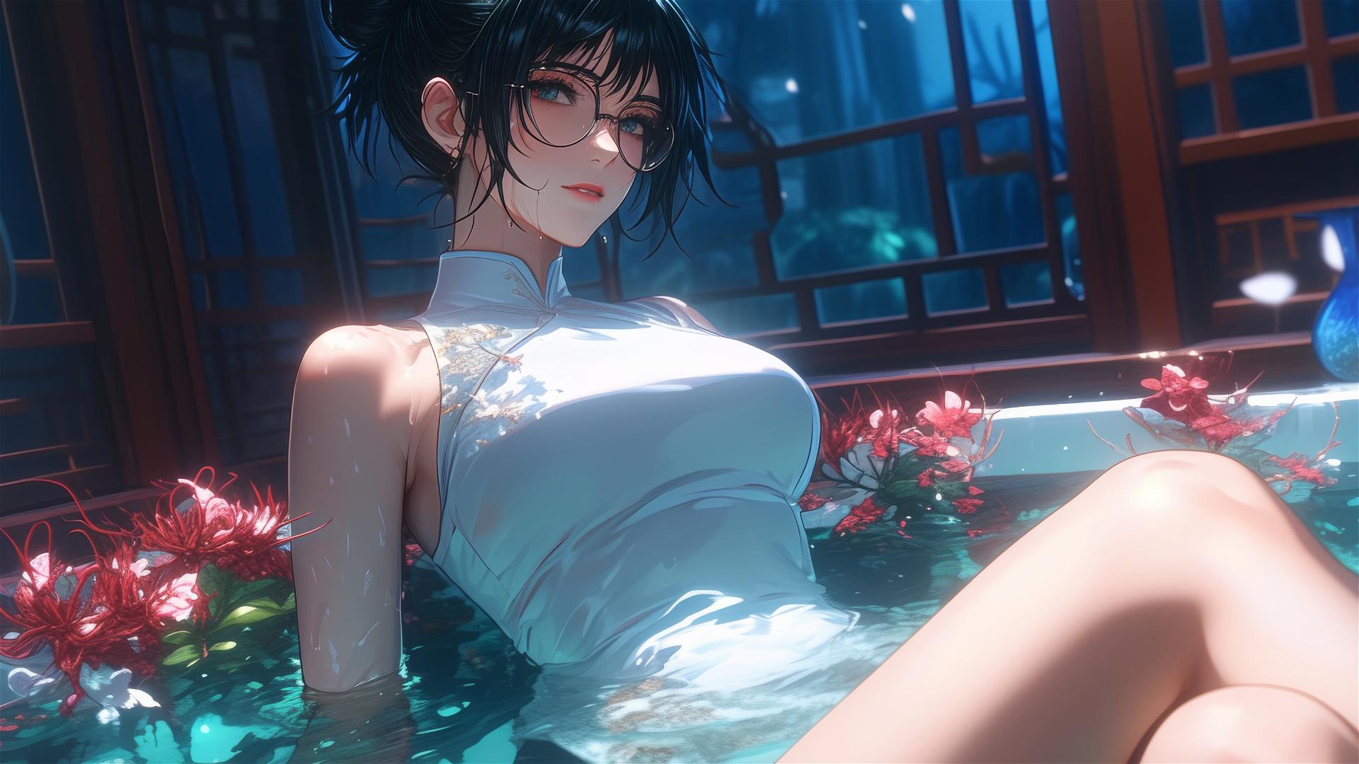 Maki Zenin from Jujutsu Kaisen in white dress inside a flower-filled tub in a Chinese spa wearing eyeglasses