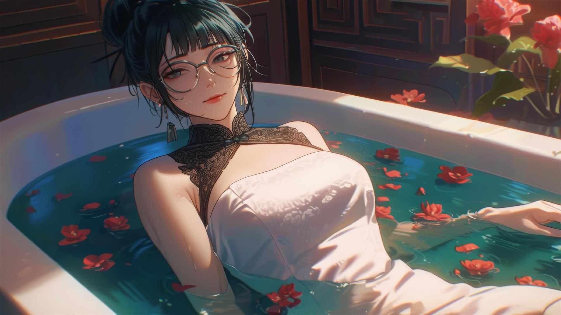 Maki Zenin from Jujutsu Kaisen in pure white dress, in a tub full of flowers, wearing glasses.