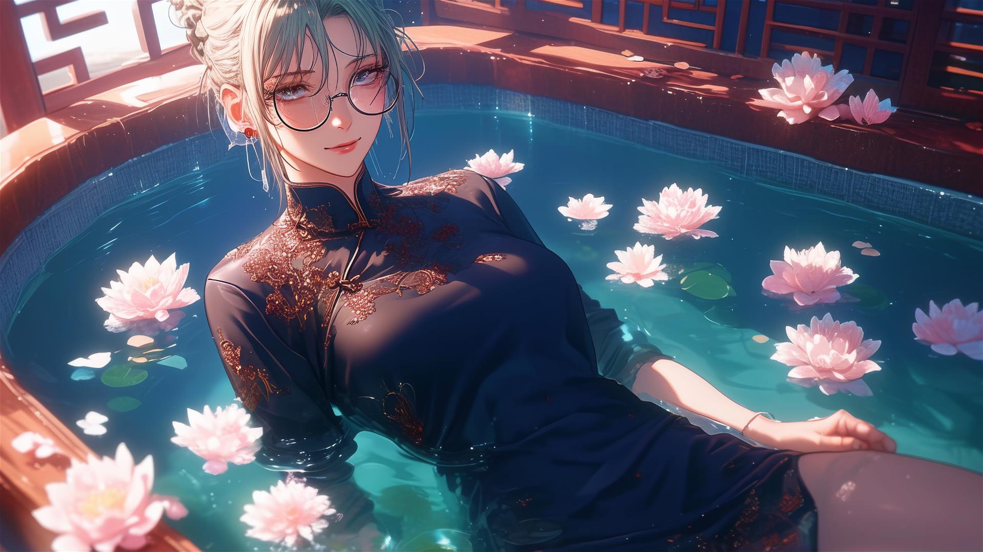 Maki Zenin from Jujutsu Kaisen in tub full of flowers at Chinese spa