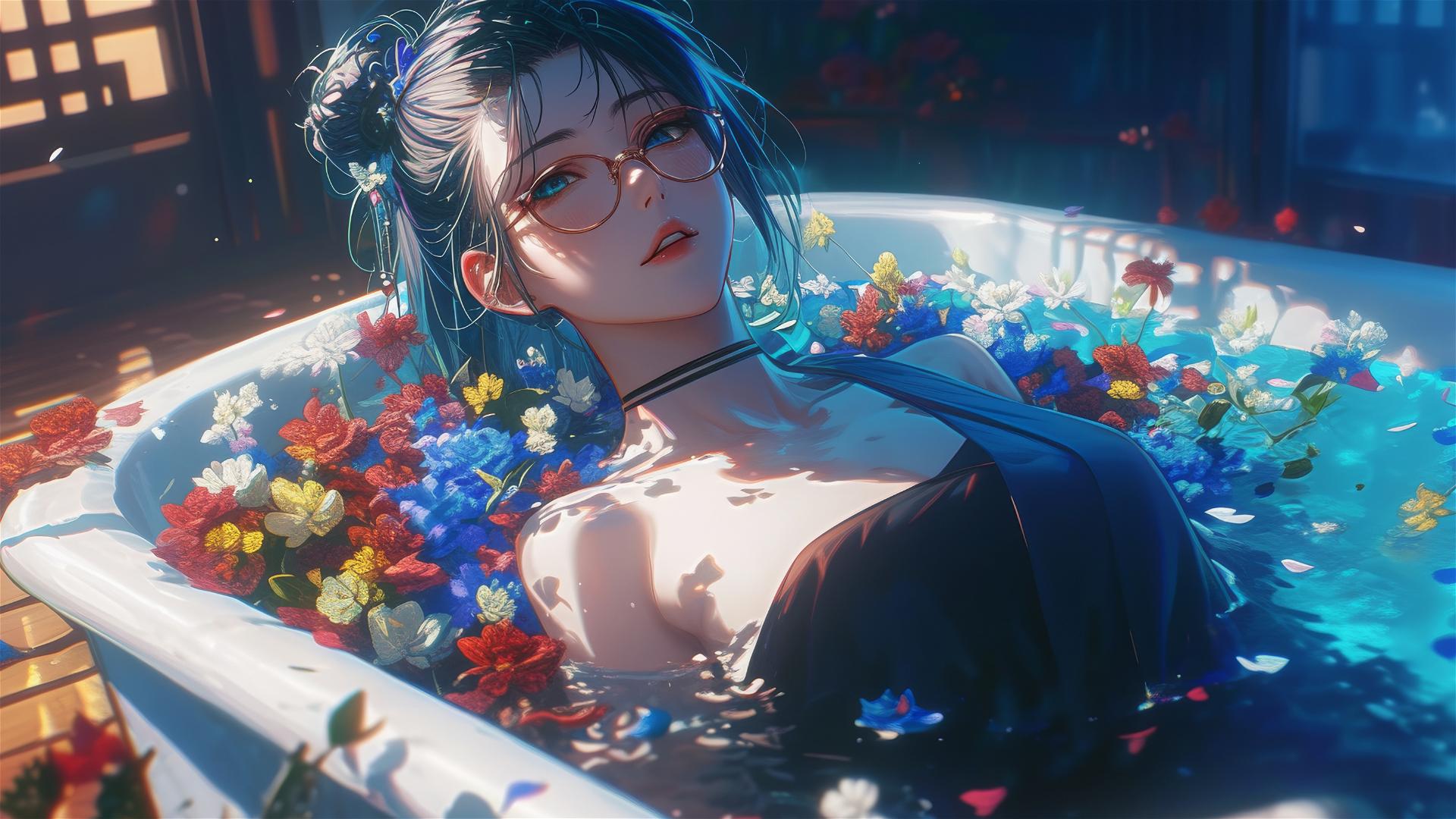 Maki Zenin from Jujutsu Kaisen in a flower-filled tub at a Chinese spa, wearing glasses