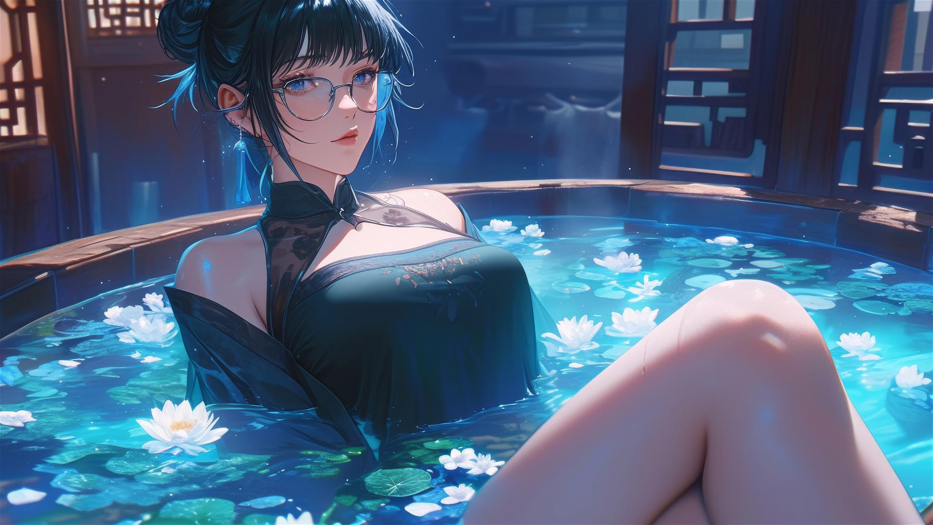 Maki Zenin from Jujutsu Kaisen in a tub full of flowers wearing eyeglasses
