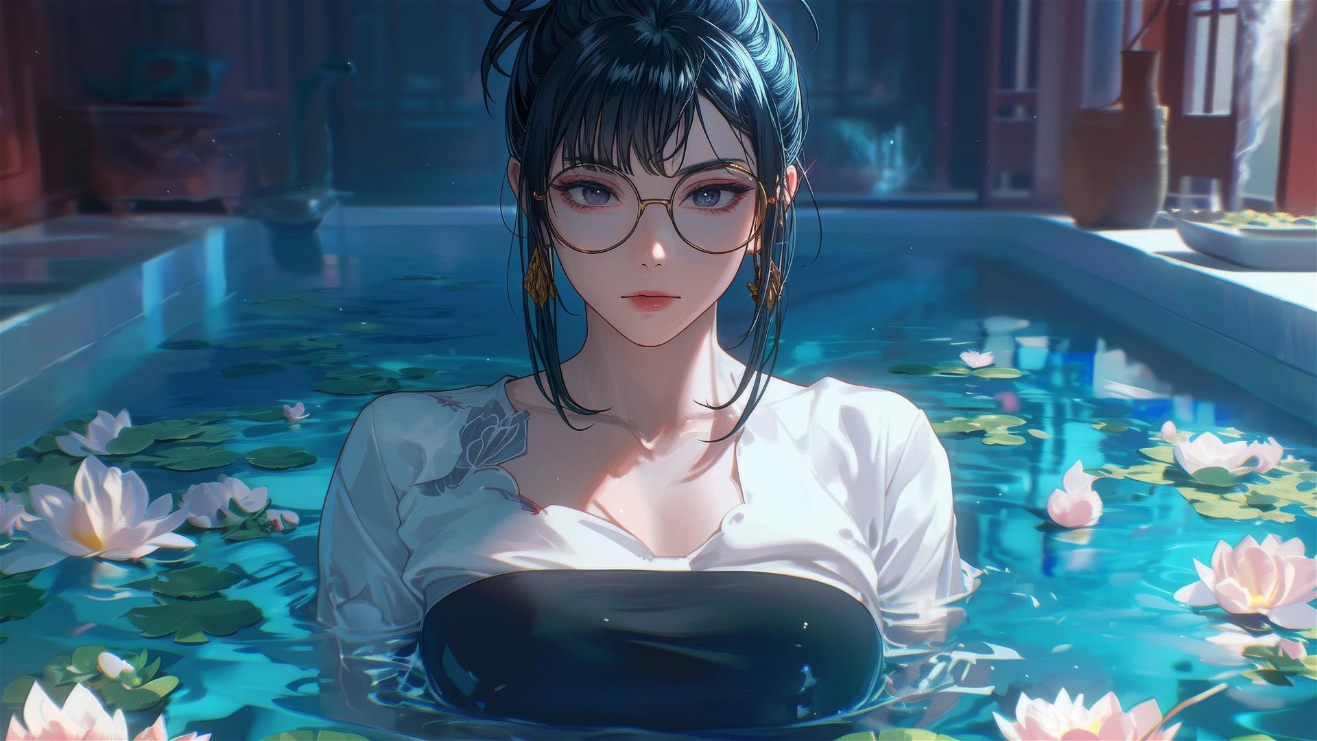 Maki Zenin from Jujutsu Kaisen in a flower-filled tub at a Chinese spa, wearing glasses