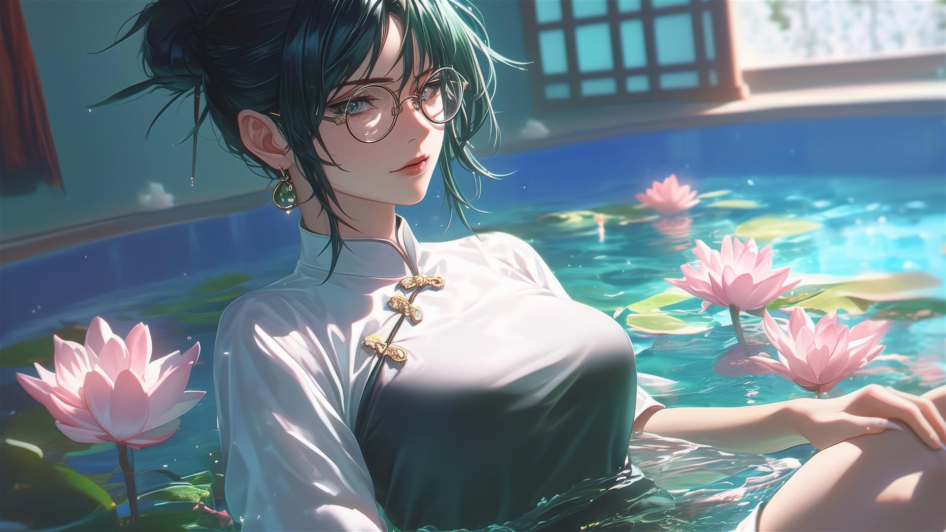 Maki Zenin in tub of flowers, Chinese spa, wearing glasses.