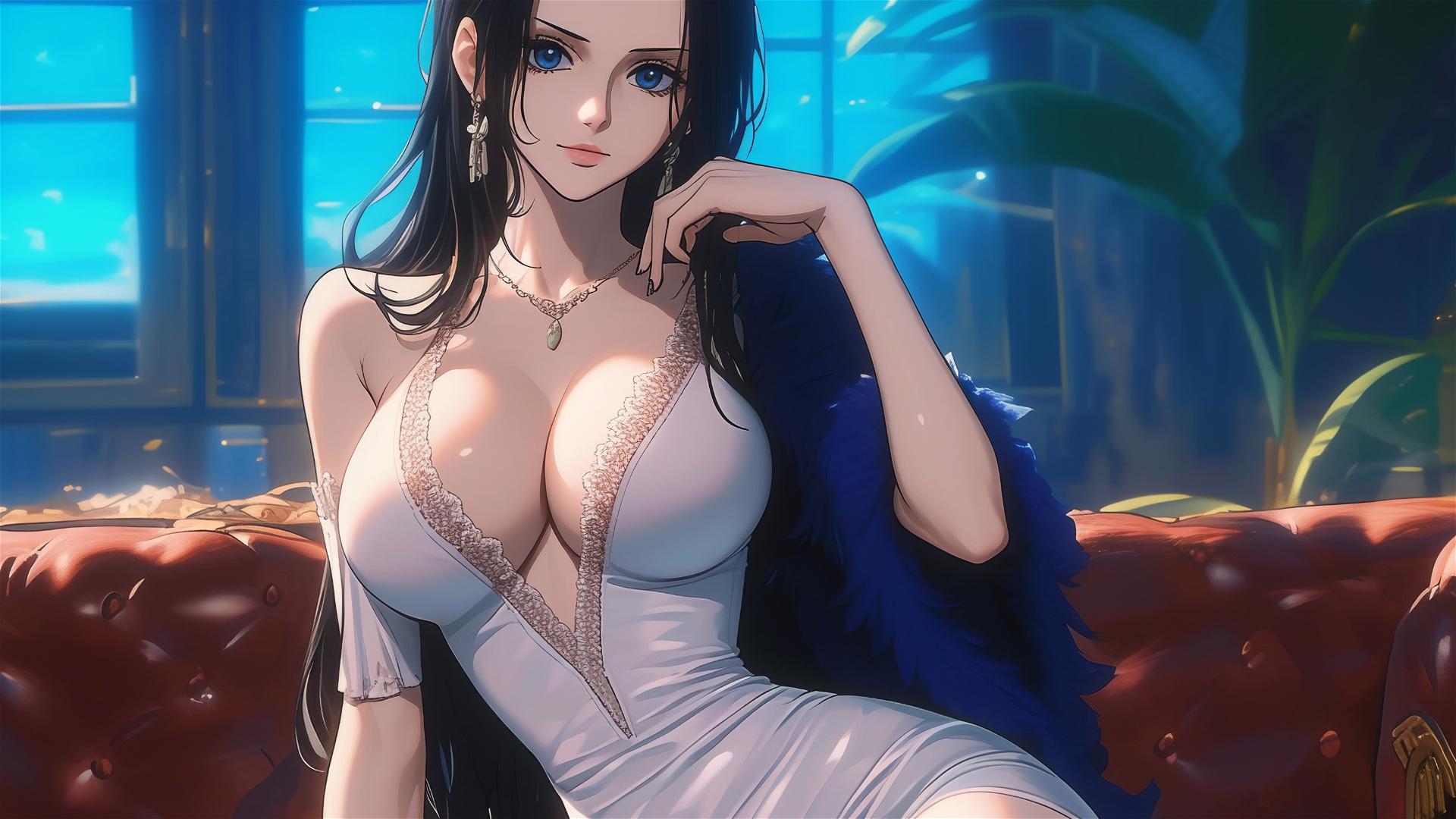 Nico Robin from One Piece in a white dress, resting in a modern hotel room with moonlight glow.