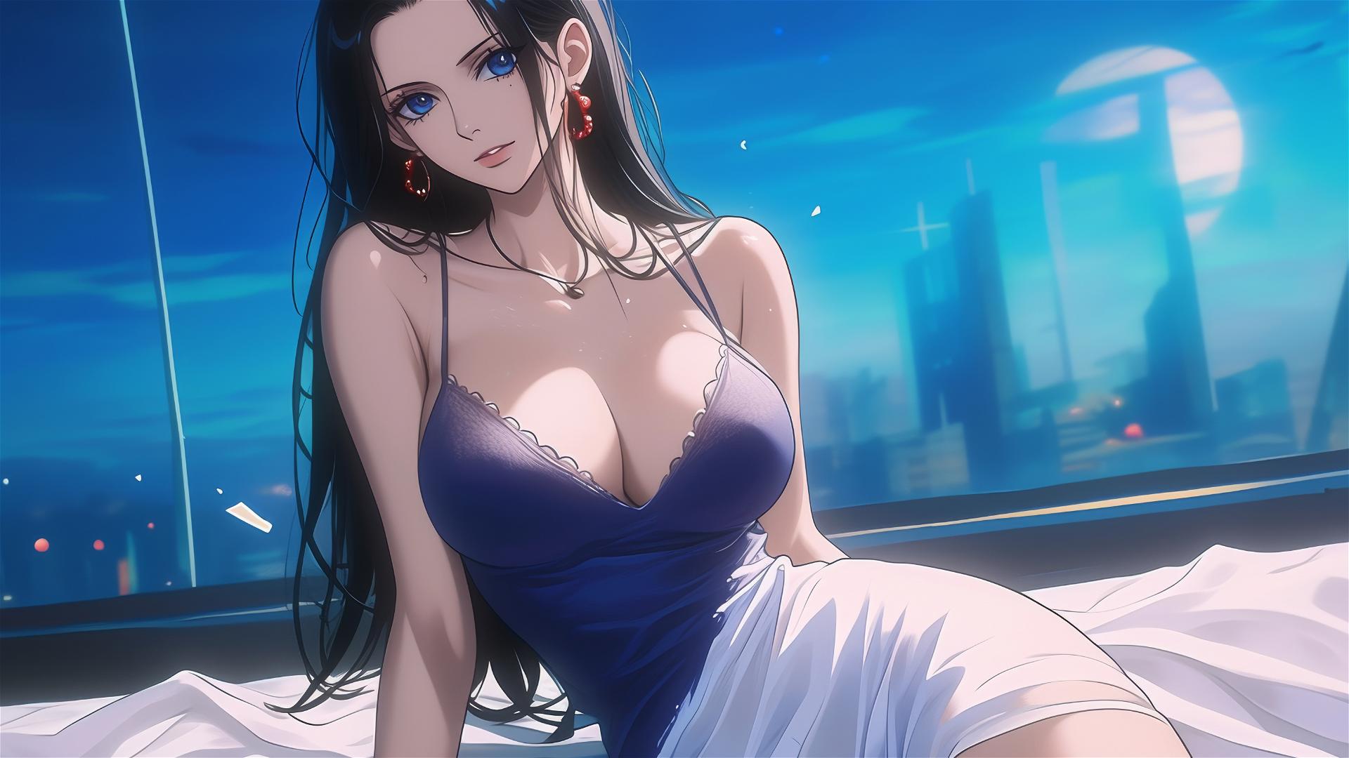 Nico Robin from One Piece in a pure white dress, resting in a modern hotel room with soft moonlight.