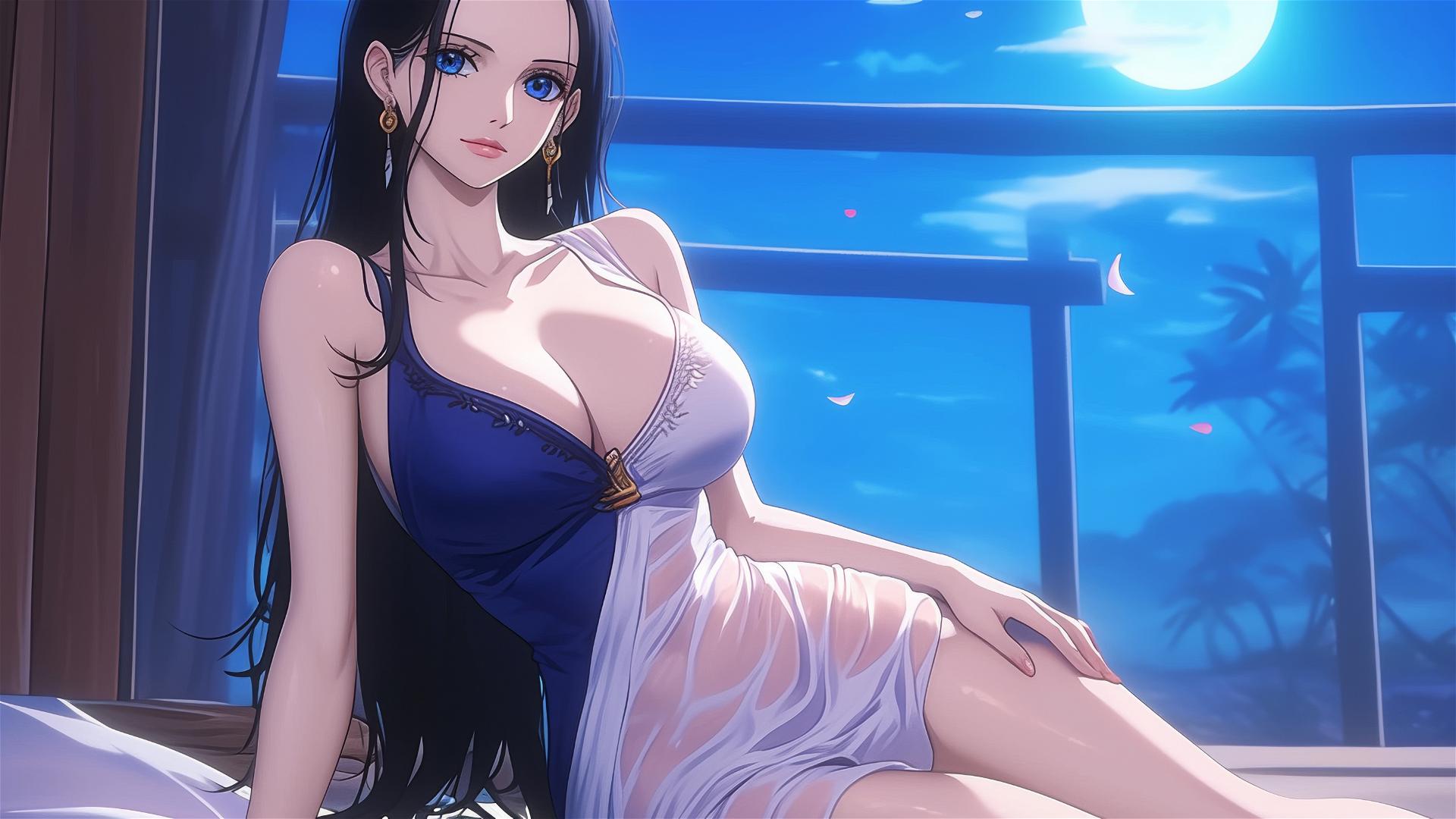 Nico Robin resting in a modern hotel room under moonlight