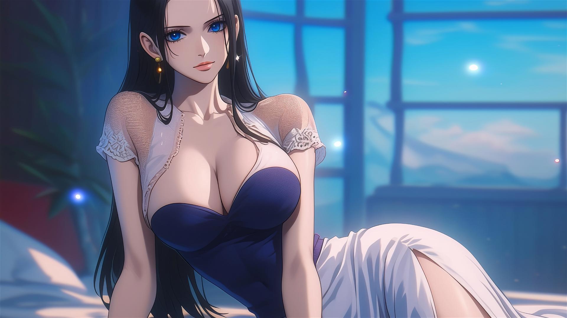 Nico Robin resting in a modern hotel room under moonlight in a pure white dress
