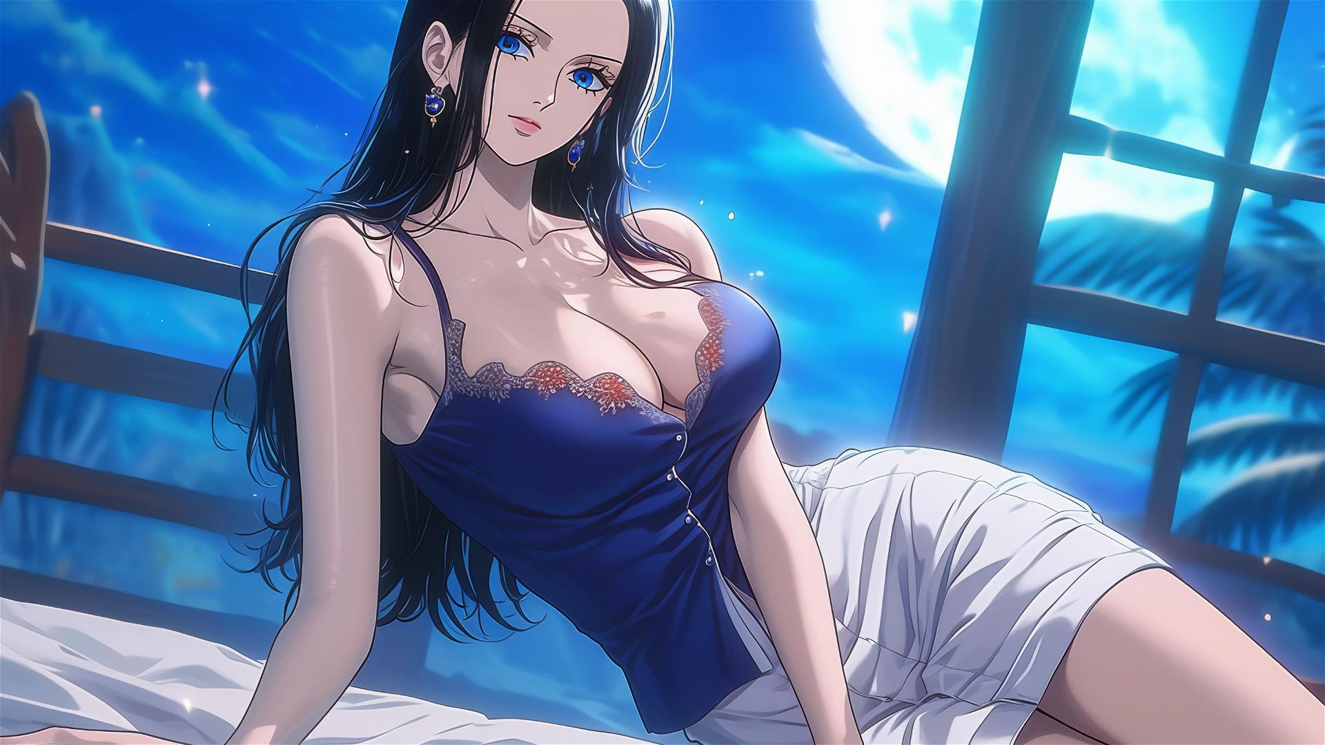Nico Robin resting in a modern hotel room, moonlight glow, white silk pajamas