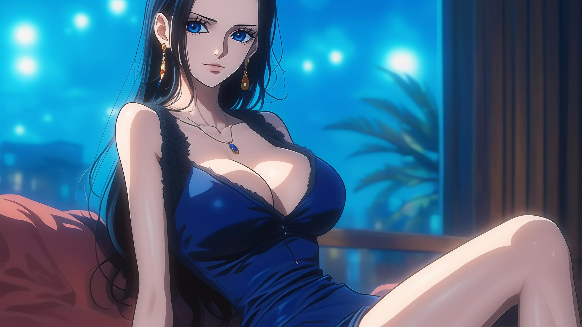 Nico Robin rests in a modern hotel room with moonlight casting a soft glow