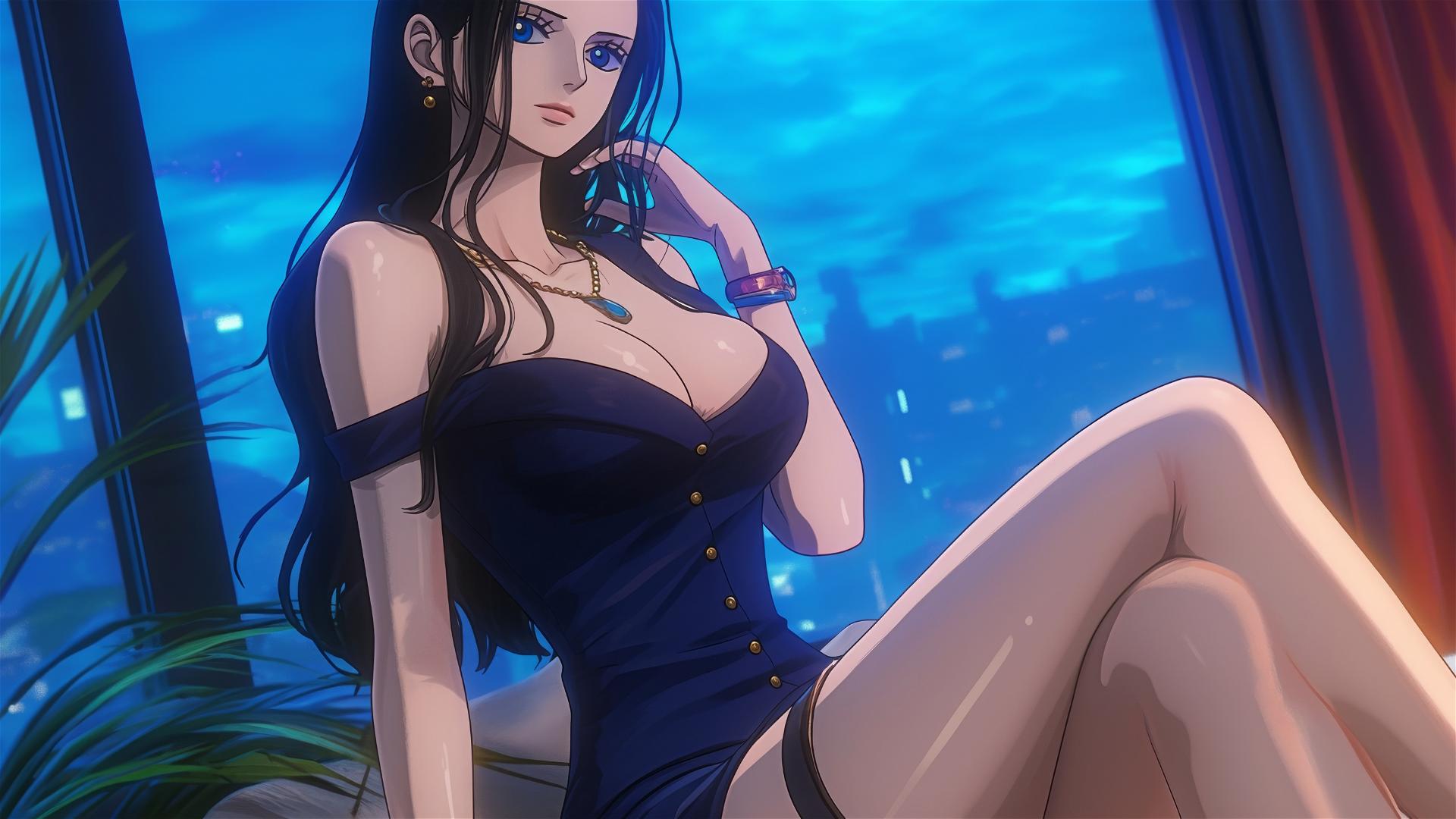 Nico Robin from One Piece resting in a modern hotel room with moonlight glow.