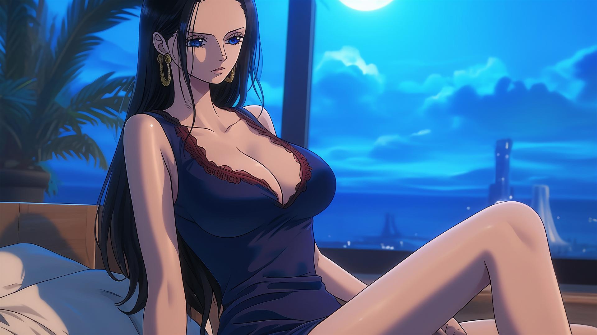 Nico Robin from One Piece resting in a modern hotel room with moonlight glow