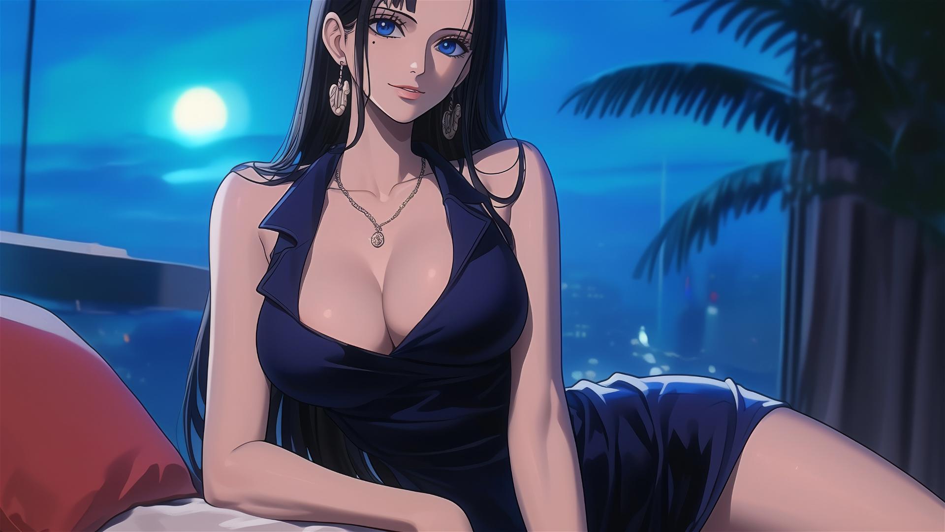 Nico Robin from One Piece resting in a modern hotel room with moonlight glow