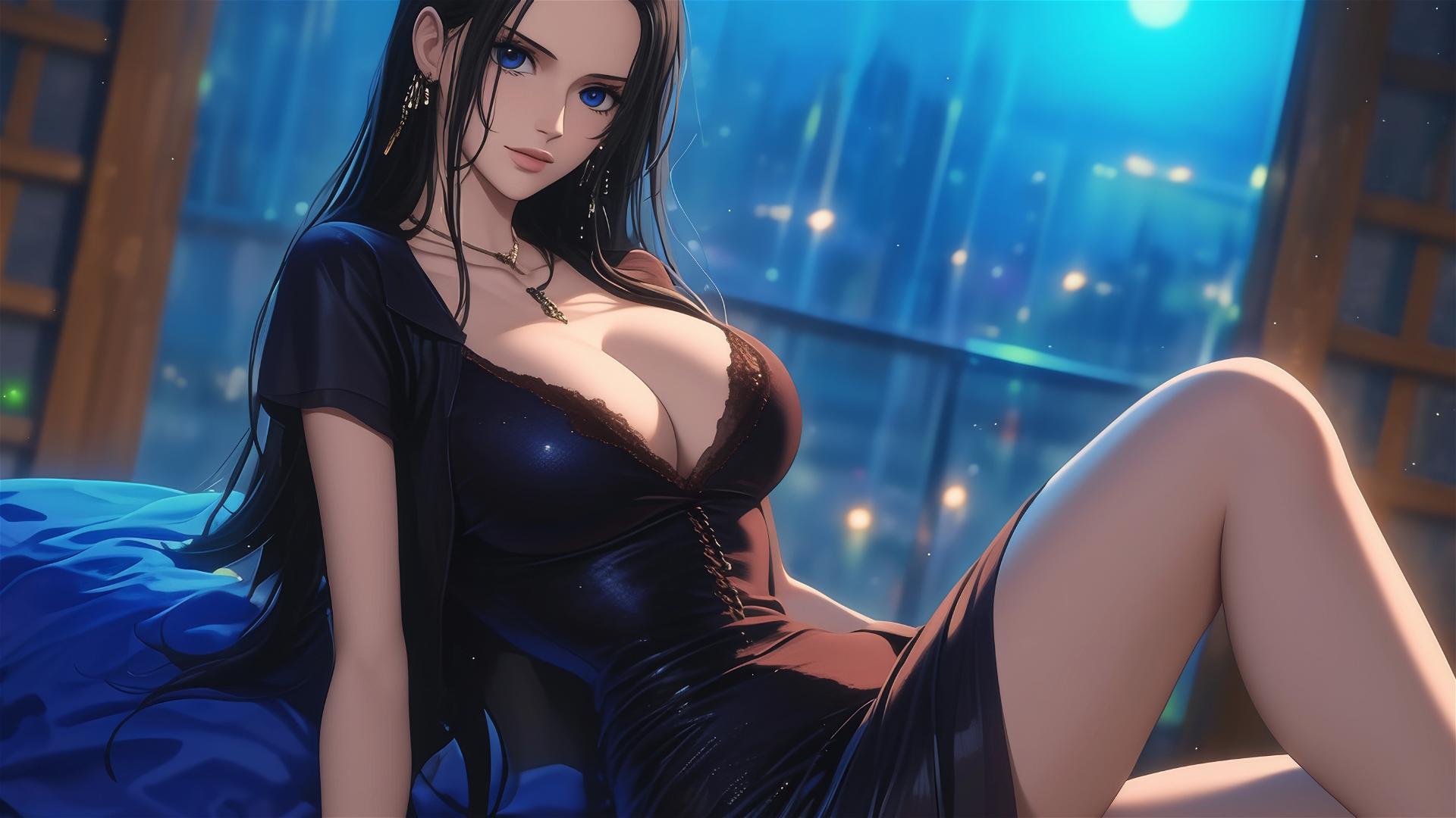 Nico Robin from One Piece resting in a modern hotel room with moonlight glow