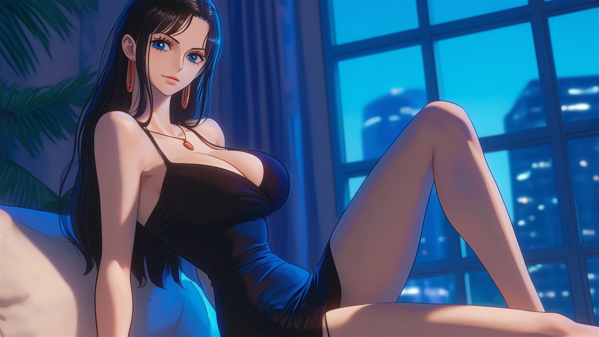 Nico Robin from One Piece reclining in a modern hotel room with moonlight glow
